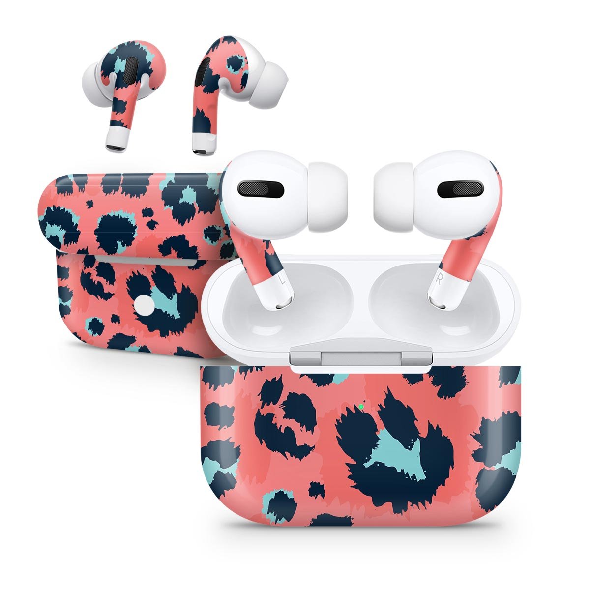 Leopard Coral and Teal V23 Full Body Skin Decal Wrap Kit for Apple AirPods Pro, showcasing vibrant colors and a sleek design.