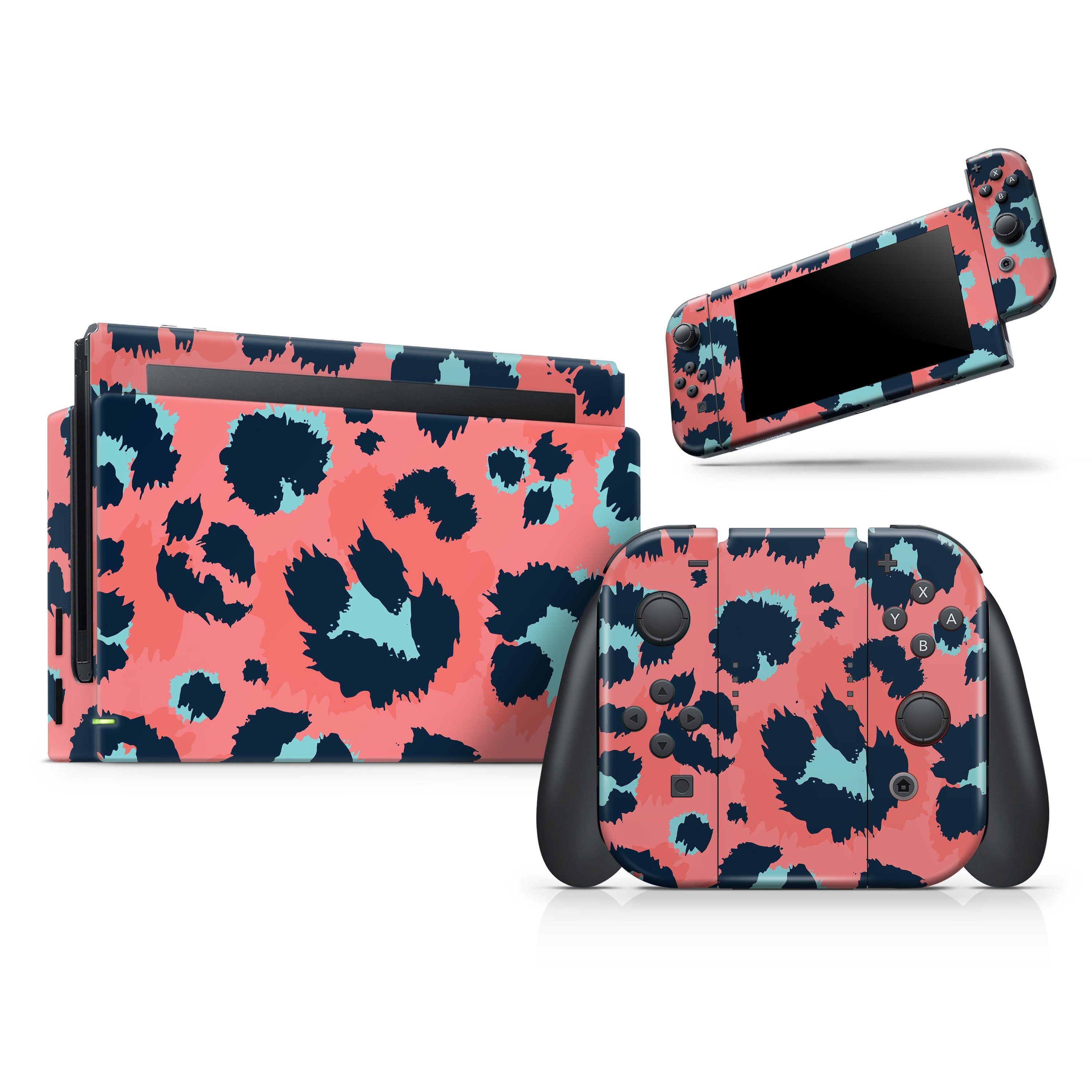 Leopard Coral and Teal V23 skin decal wrap kit for Nintendo Switch, showcasing vibrant colors and a snug fit.