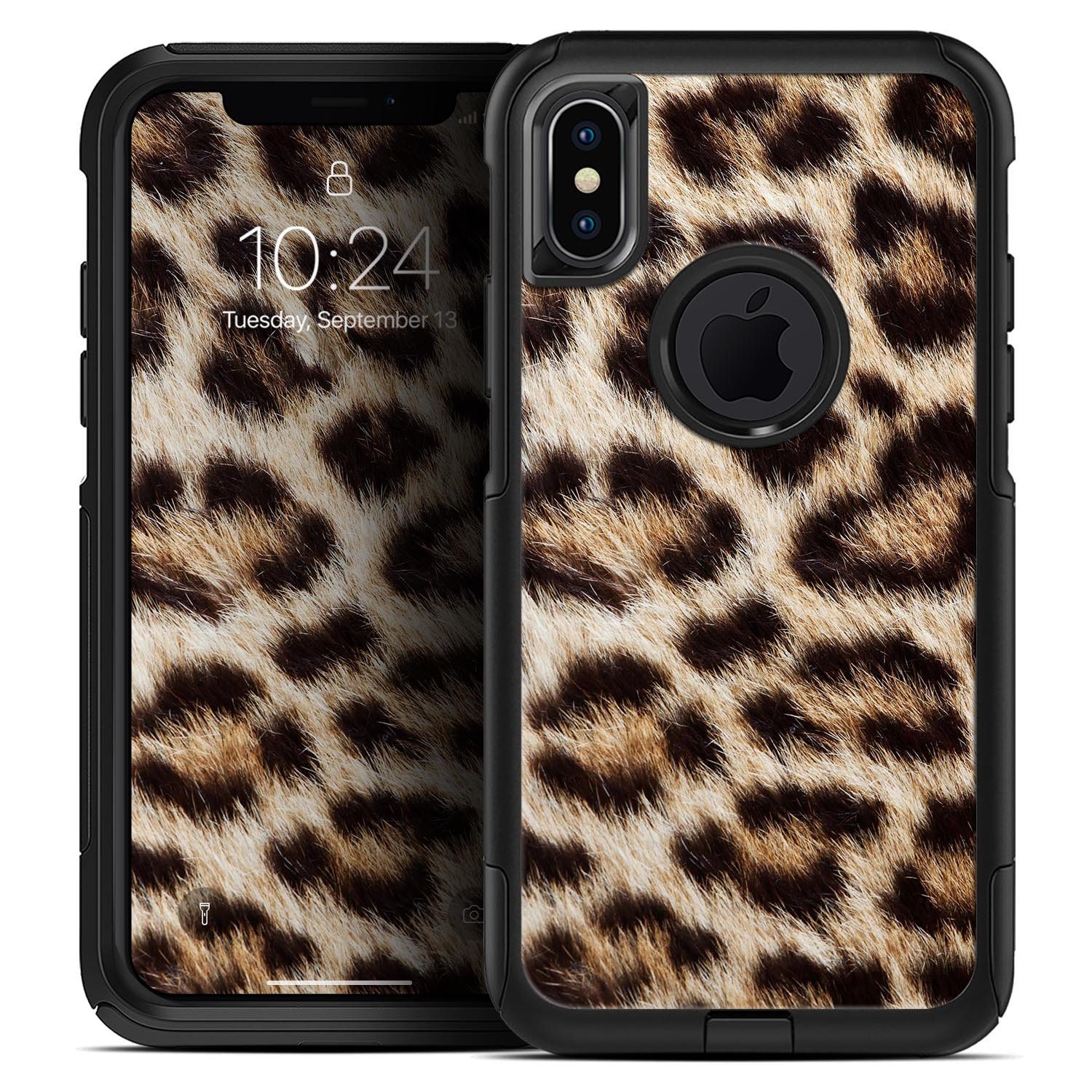 Leopard furry animal hide skin kit designed for iPhone OtterBox cases, showcasing a stylish leopard print pattern.