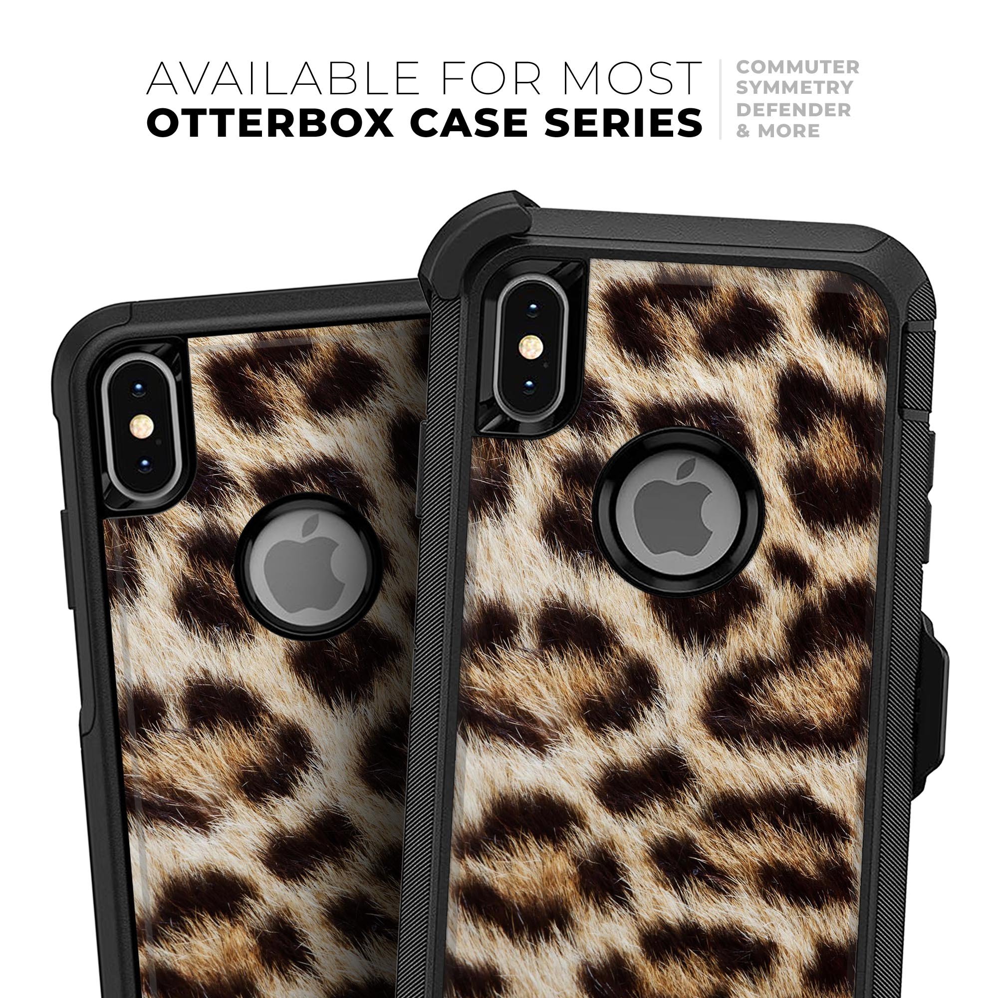 Leopard furry animal hide skin kit designed for iPhone OtterBox cases, showcasing a stylish leopard print pattern.