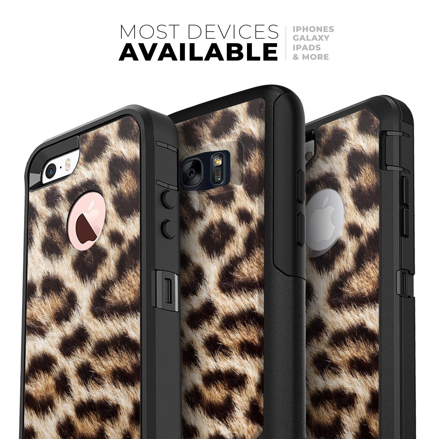 Leopard furry animal hide skin kit designed for iPhone OtterBox cases, showcasing a stylish leopard print pattern.