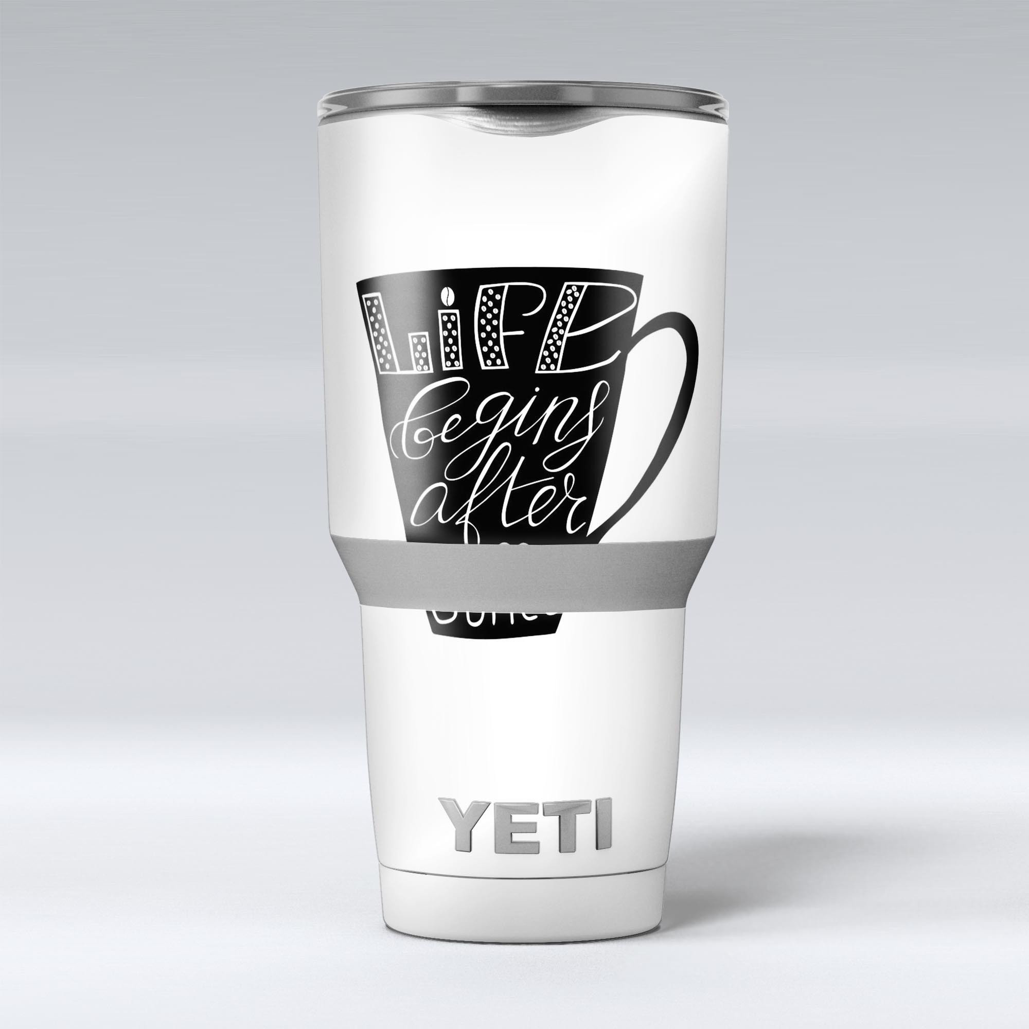 Life Begins After Coffee skin decal vinyl wrap kit for Yeti Coolers, showcasing a stylish design and premium quality material.