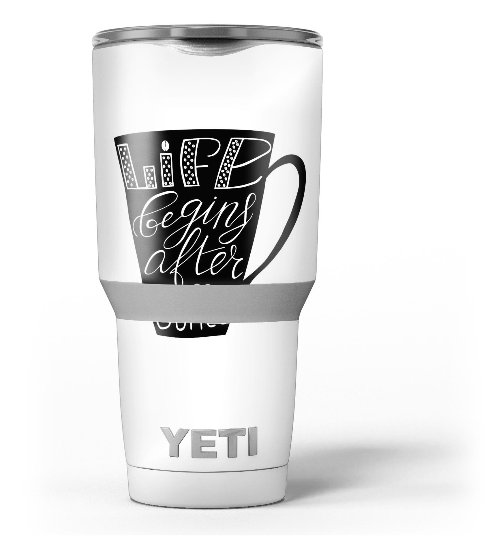 Life Begins After Coffee skin decal vinyl wrap kit for Yeti Coolers, showcasing a stylish design and premium quality material.
