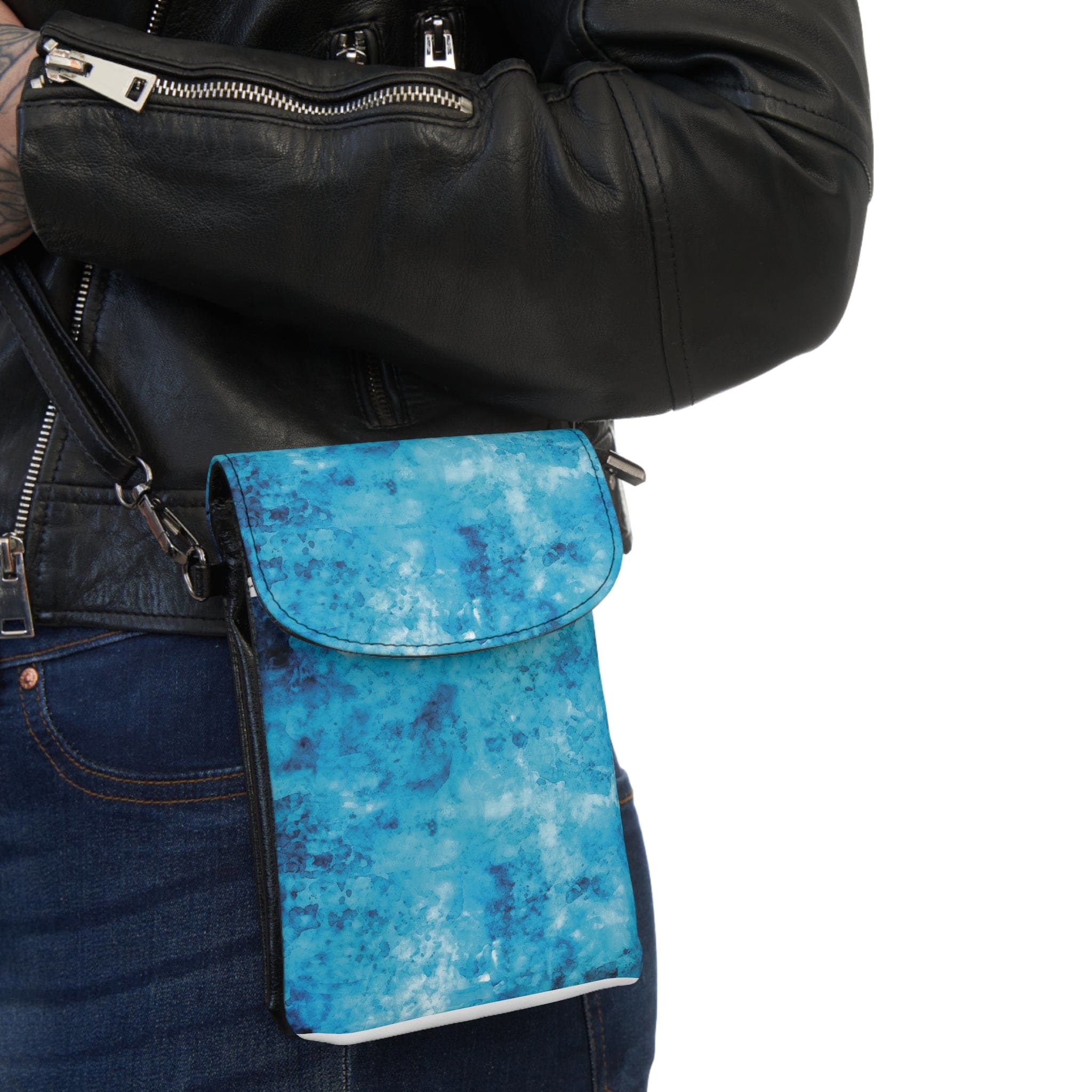 Light and Dark Blue Marble Illustration Crossbody Cell Phone Wallet with adjustable strap and card slots.