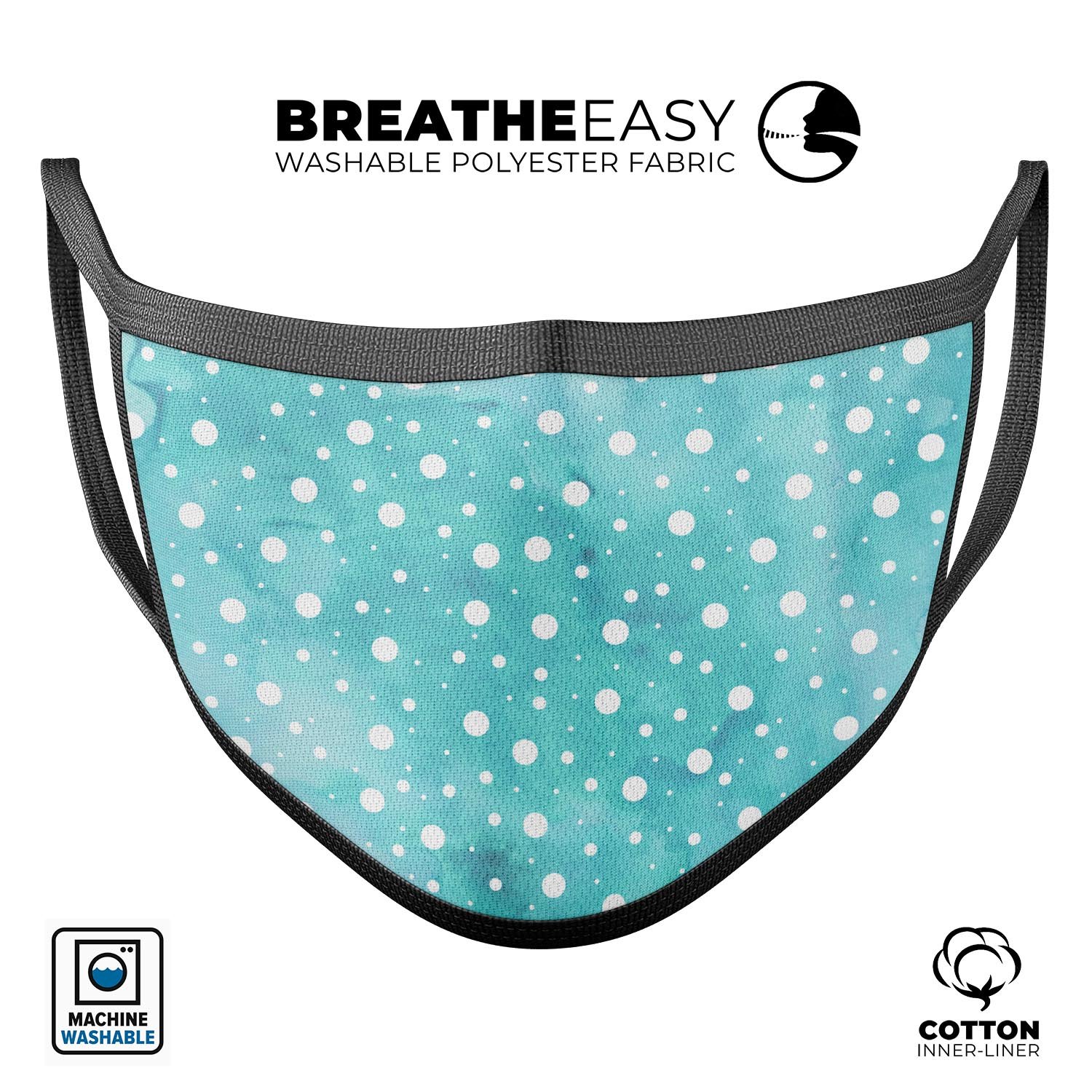 Light Blue and White Watercolor Polka Dots reusable face mask, showcasing adjustable ear loops and soft cotton interior.