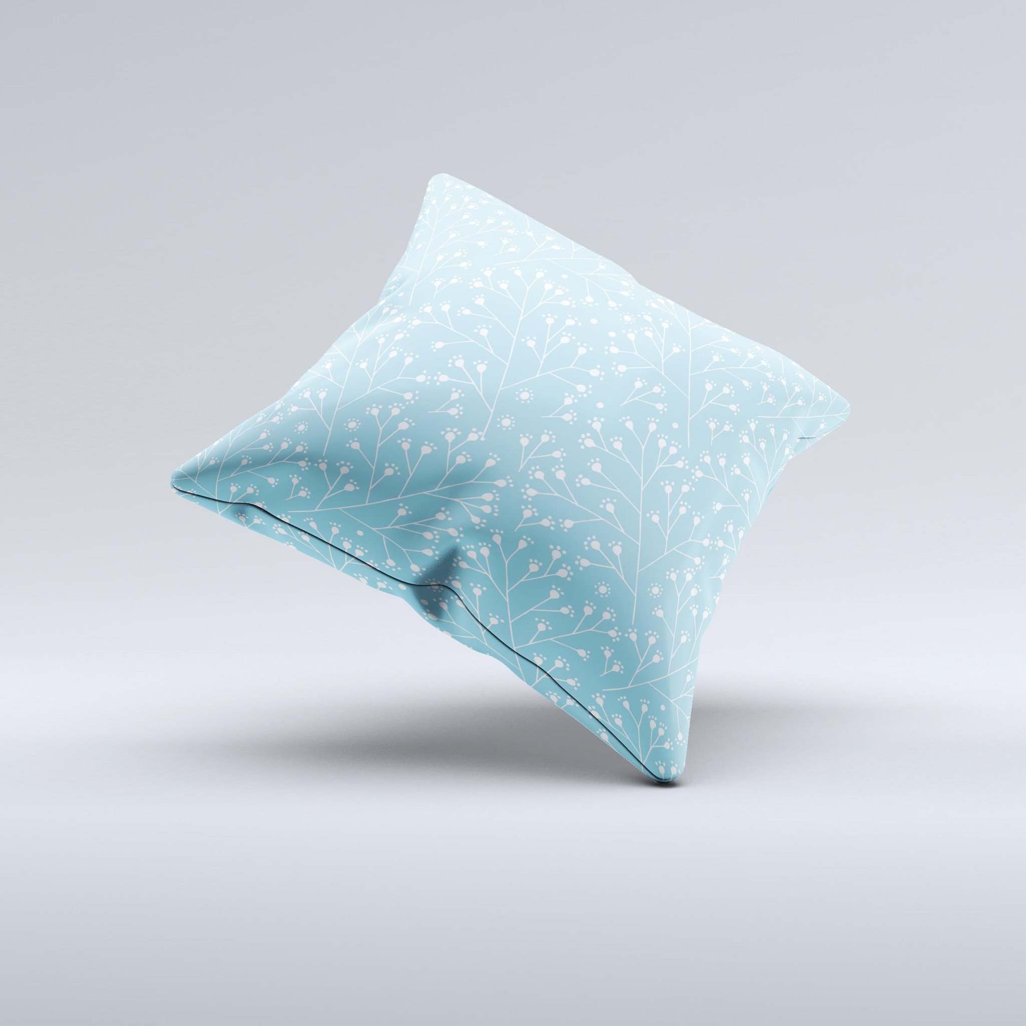 Light Blue Blossom Twigs Ink-Fuzed Decorative Throw Pillow featuring a unique twig design on a soft fabric.