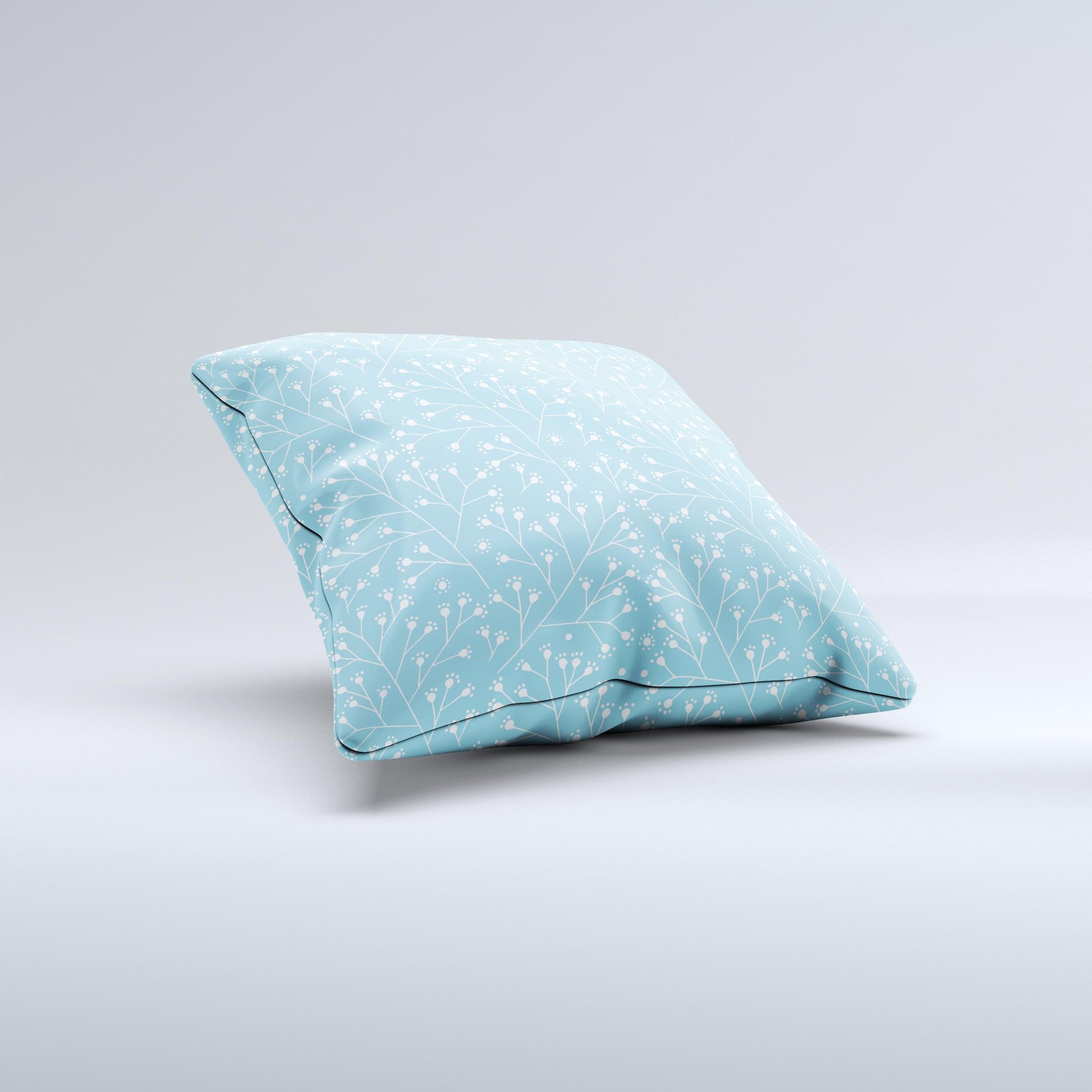 Light Blue Blossom Twigs Ink-Fuzed Decorative Throw Pillow featuring a unique twig design on a soft fabric.