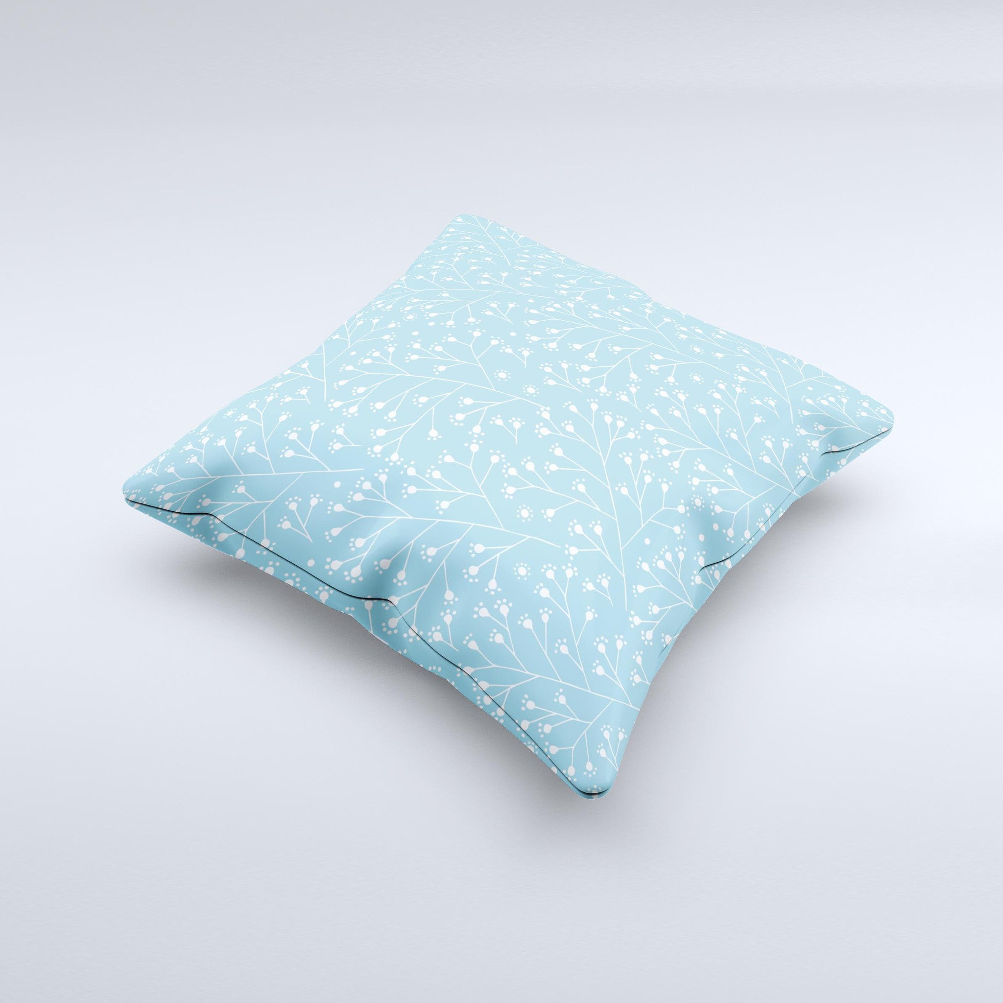 Light Blue Blossom Twigs Ink-Fuzed Decorative Throw Pillow featuring a unique twig design on a soft fabric.