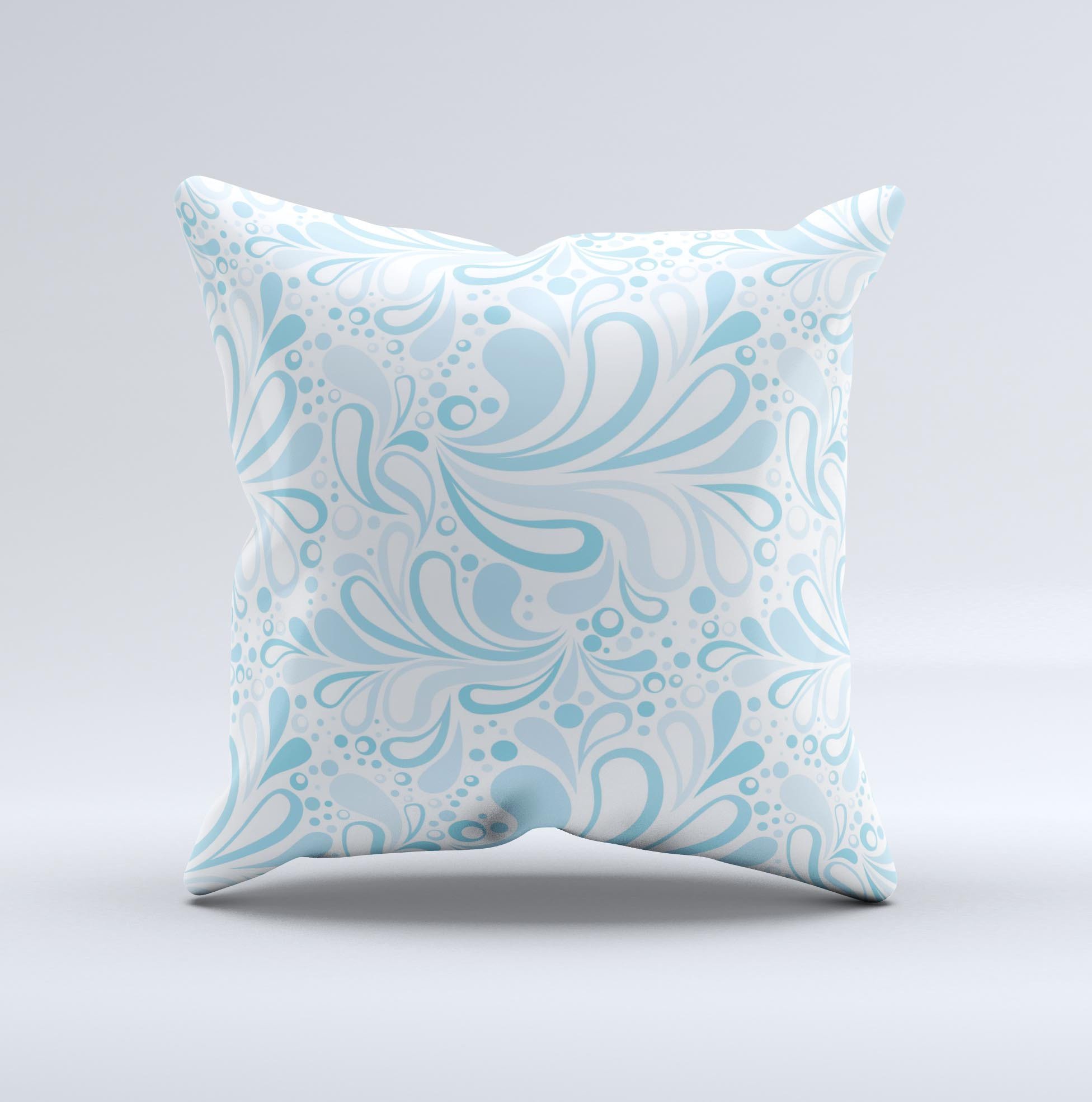 Light blue decorative throw pillow with droplet sprout pattern, handcrafted in Virginia, showcasing unique imperfections.