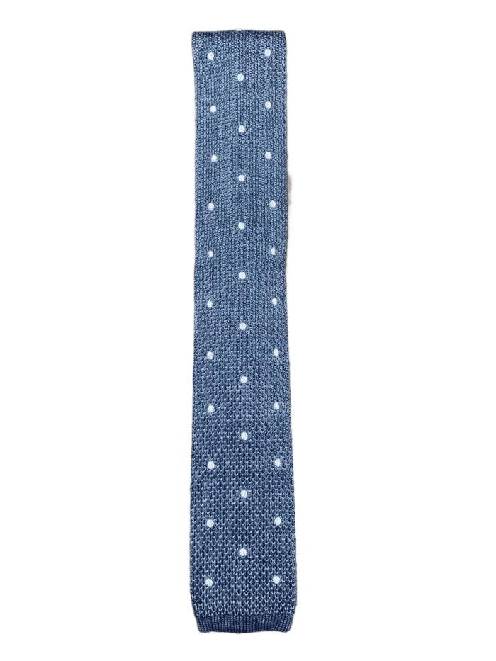 Light Blue Marl Polka Dot Knitted Tie featuring white polka dots, made from silk and linen blend, with a square end design.