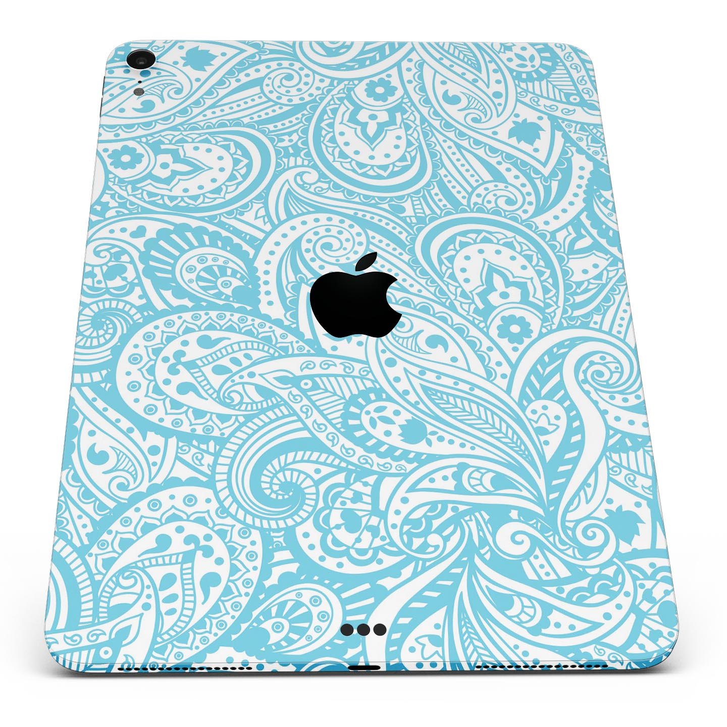 Light Blue Paisley Floral Full Body Skin Decal for Apple iPad, showcasing intricate floral patterns on a sleek surface.