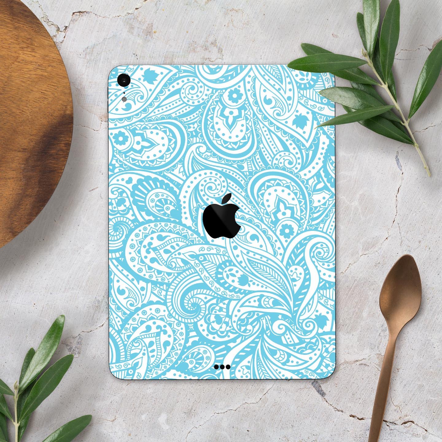 Light Blue Paisley Floral Full Body Skin Decal for Apple iPad, showcasing intricate floral patterns on a sleek surface.