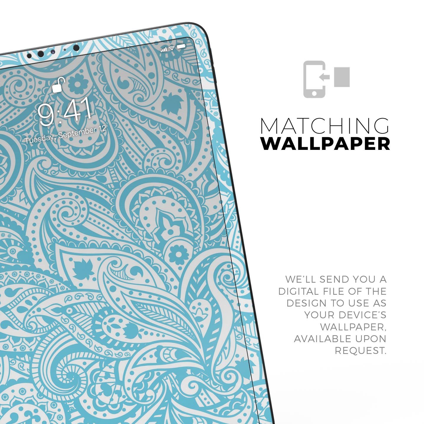 Light Blue Paisley Floral Full Body Skin Decal for Apple iPad, showcasing intricate floral patterns on a sleek surface.