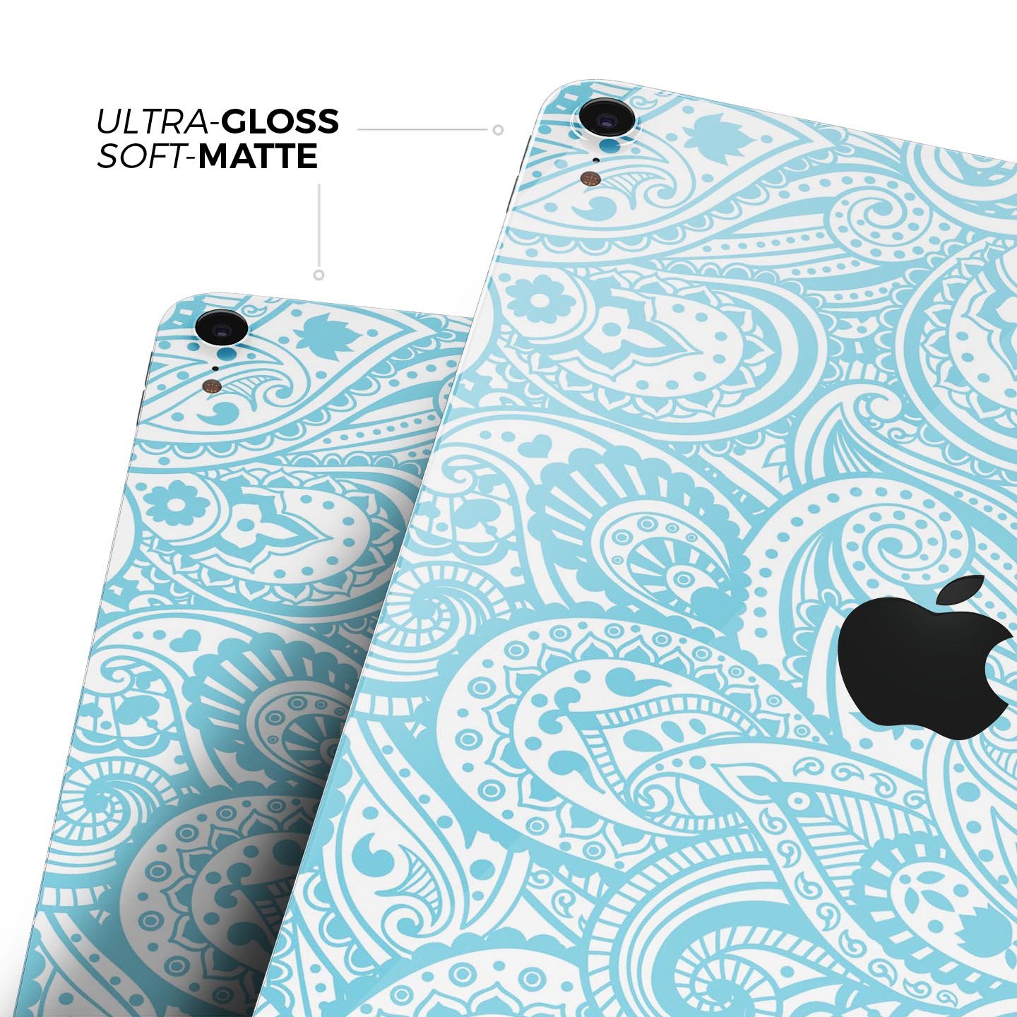 Light Blue Paisley Floral Full Body Skin Decal for Apple iPad, showcasing intricate floral patterns on a sleek surface.