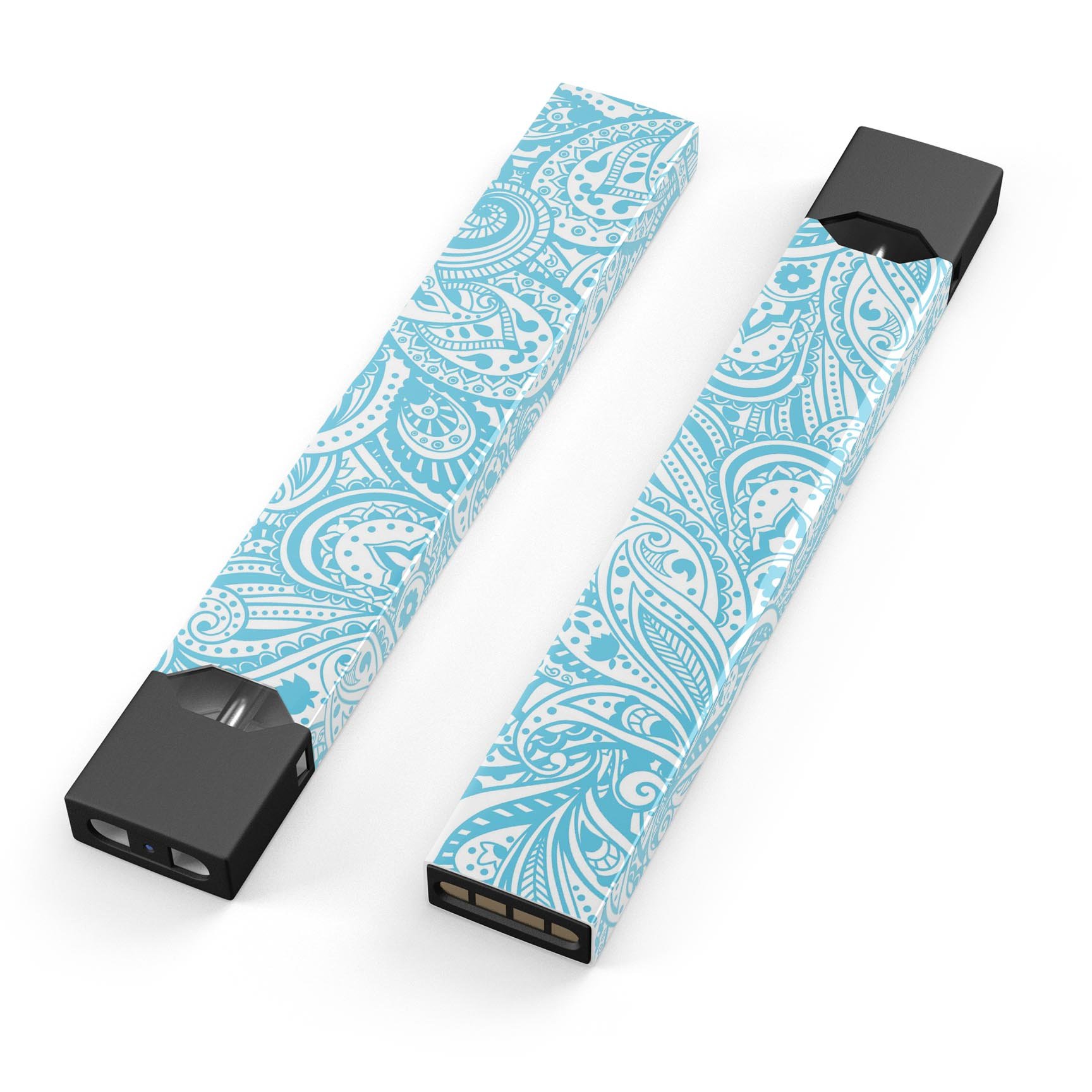 Light Blue Paisley Floral skin-wrap sticker designed for JUUL vaping device, featuring intricate floral patterns and a protective finish.