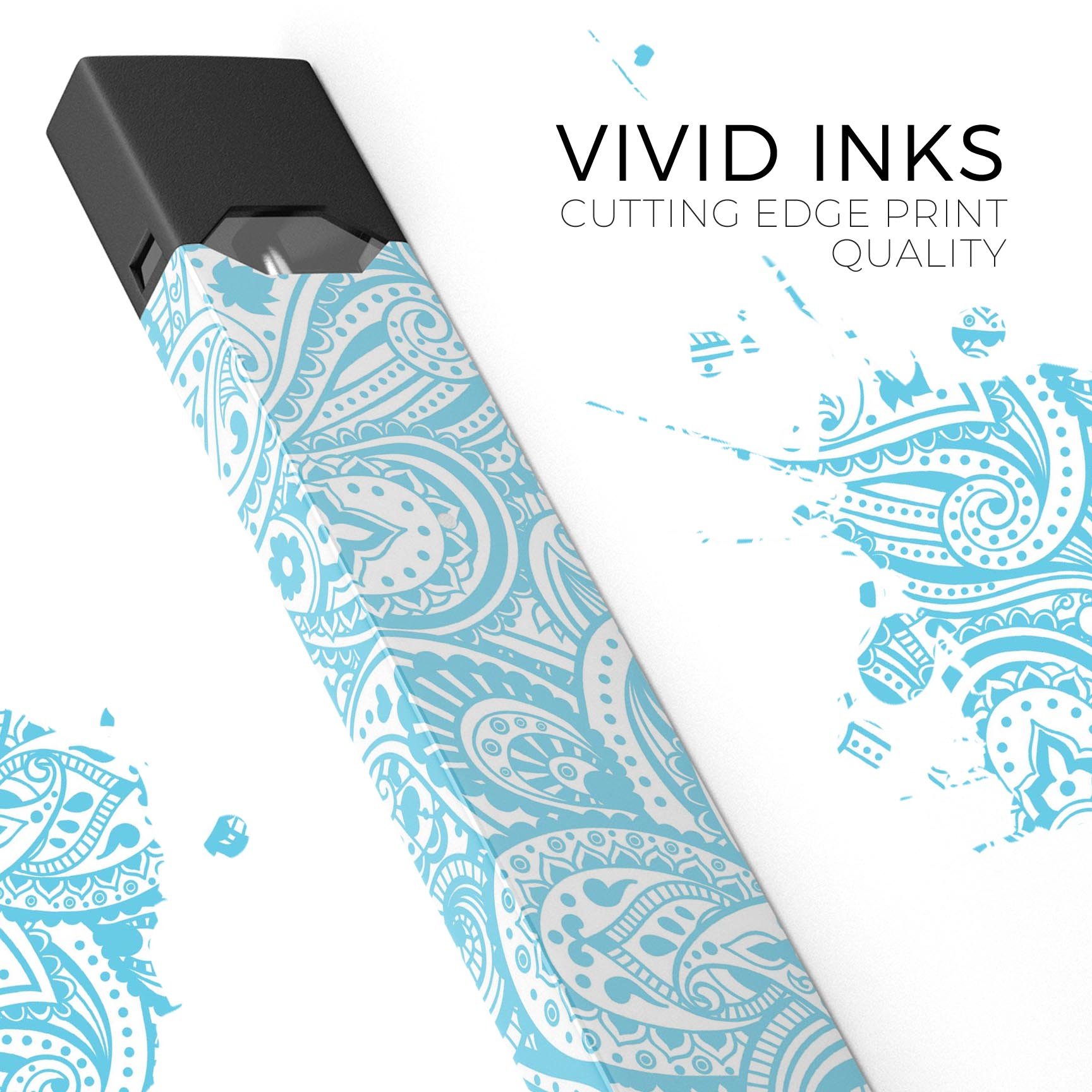 Light Blue Paisley Floral skin-wrap sticker designed for JUUL vaping device, featuring intricate floral patterns and a protective finish.