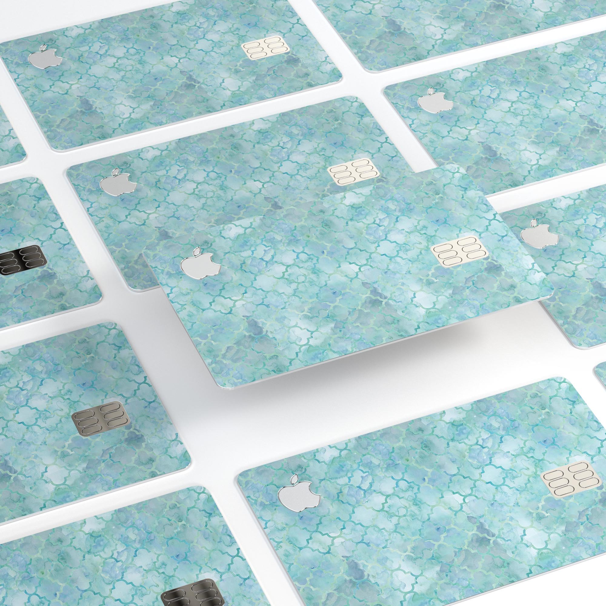 Light Blue Watercolor Quatrefoil decal skin for Apple Card, showcasing a vibrant watercolor design with a quatrefoil pattern.