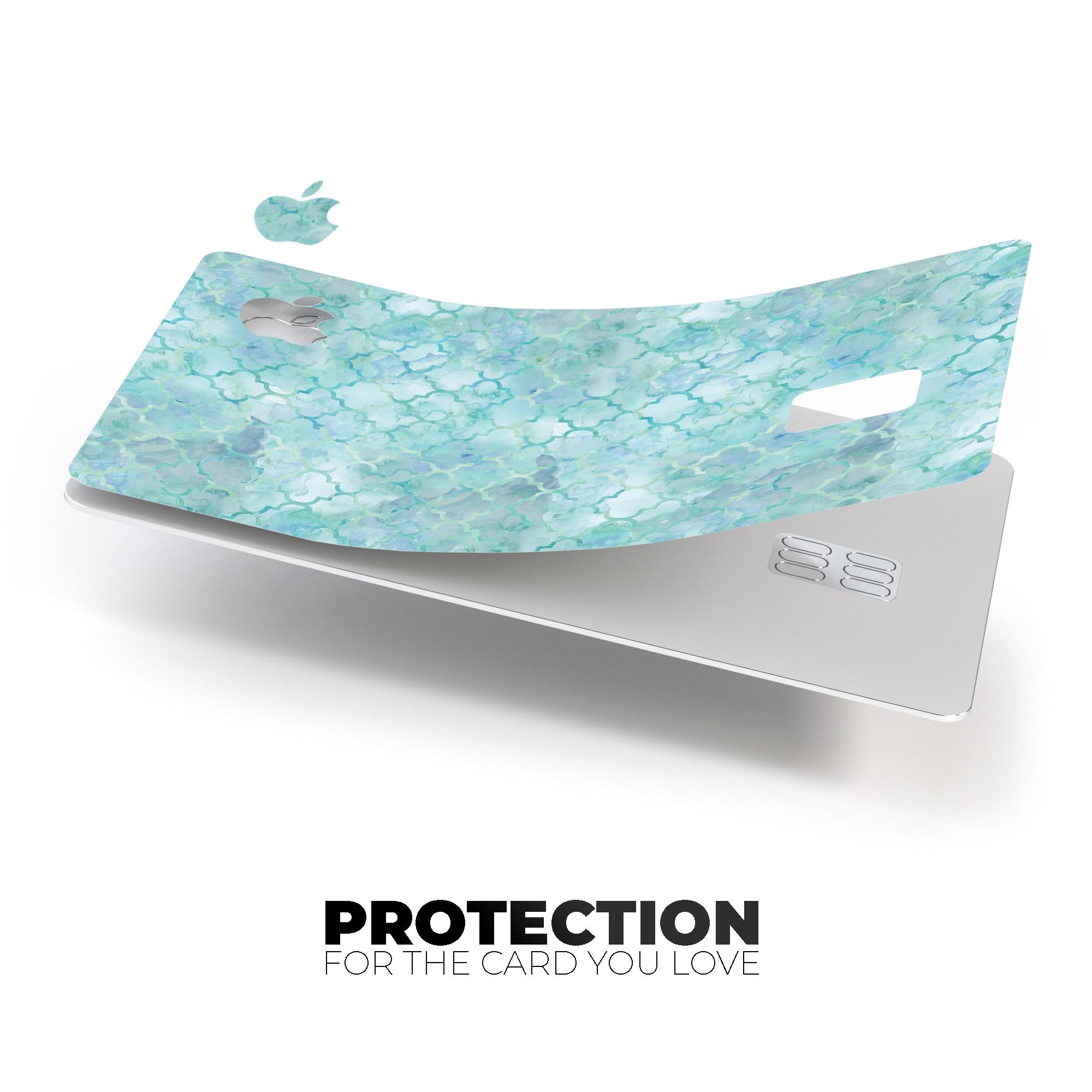Light Blue Watercolor Quatrefoil decal skin for Apple Card, showcasing a vibrant watercolor design with a quatrefoil pattern.