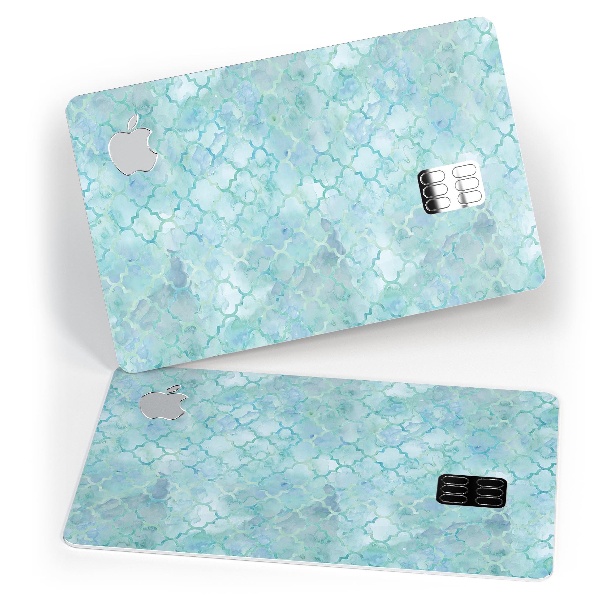 Light Blue Watercolor Quatrefoil decal skin for Apple Card, showcasing a vibrant watercolor design with a quatrefoil pattern.