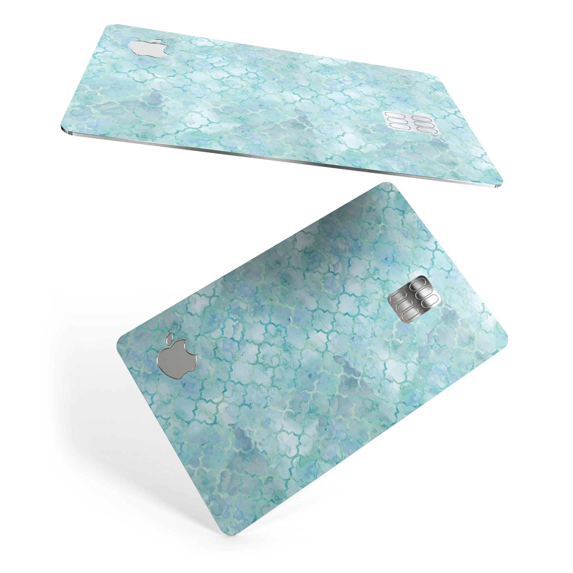 Light Blue Watercolor Quatrefoil decal skin for Apple Card, showcasing a vibrant watercolor design with a quatrefoil pattern.