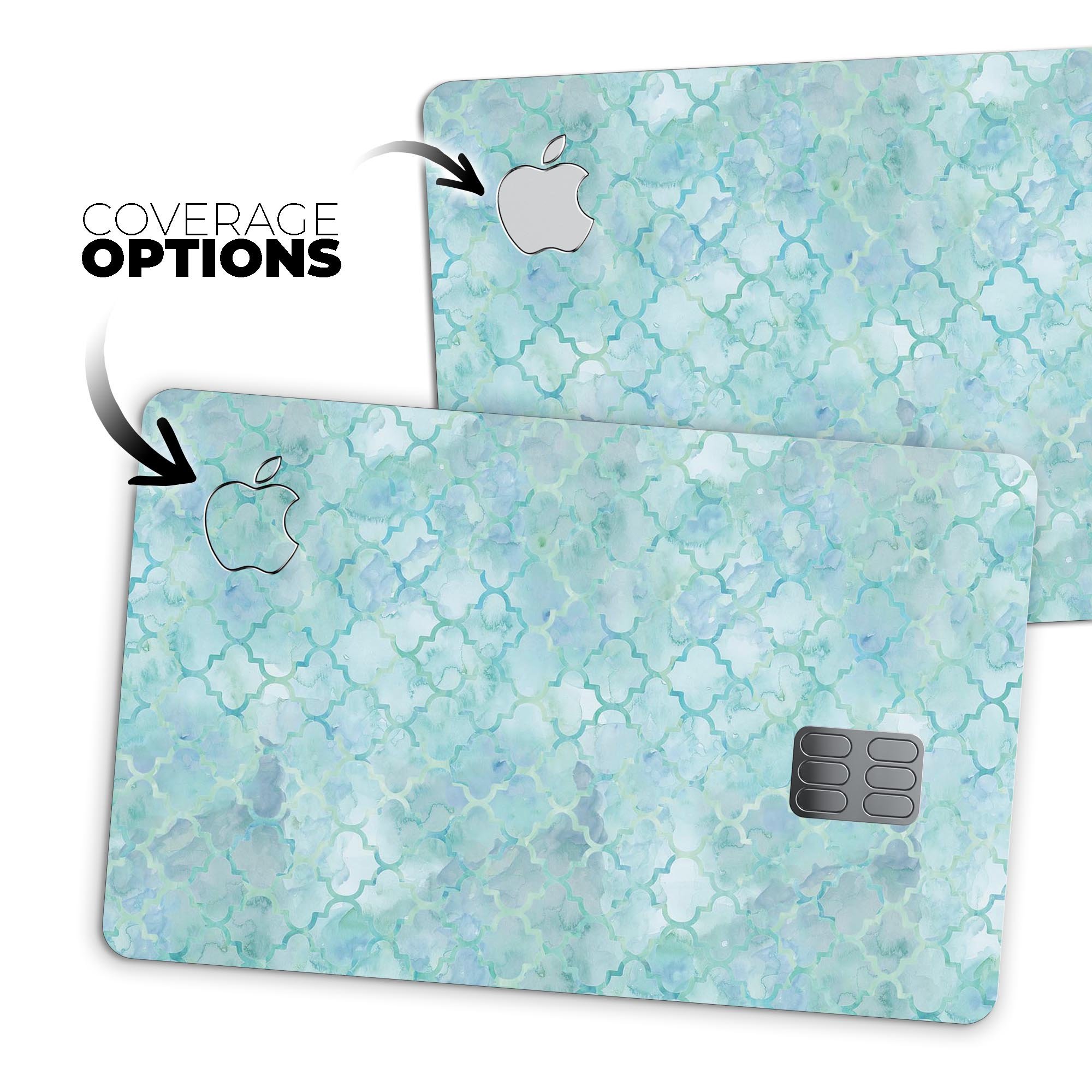 Light Blue Watercolor Quatrefoil decal skin for Apple Card, showcasing a vibrant watercolor design with a quatrefoil pattern.