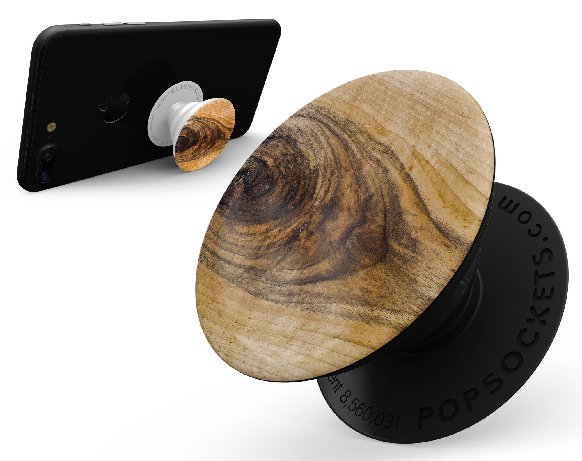 Light Knotted Woodgrain Skin Kit for PopSockets, showcasing a stylish woodgrain design on a smartphone grip.