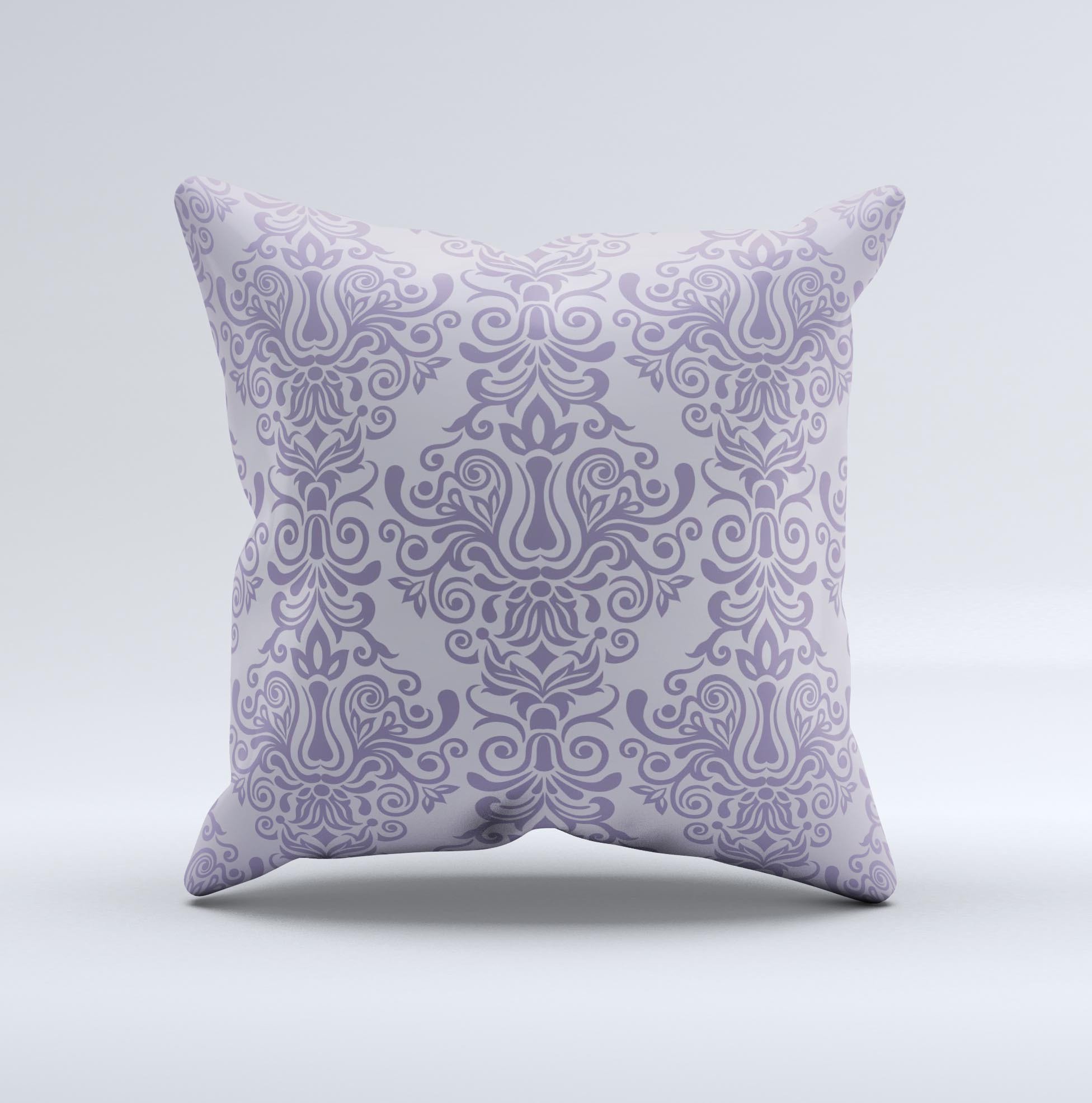 Light purple decorative throw pillow featuring a damask floral pattern, handcrafted in Virginia with high-quality fabric and filling.