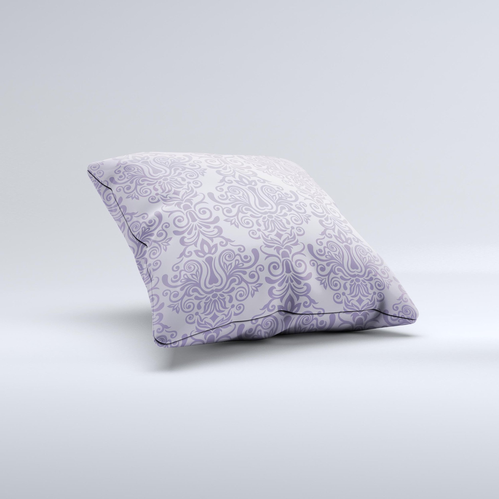 Light purple decorative throw pillow featuring a damask floral pattern, handcrafted in Virginia with high-quality fabric and filling.