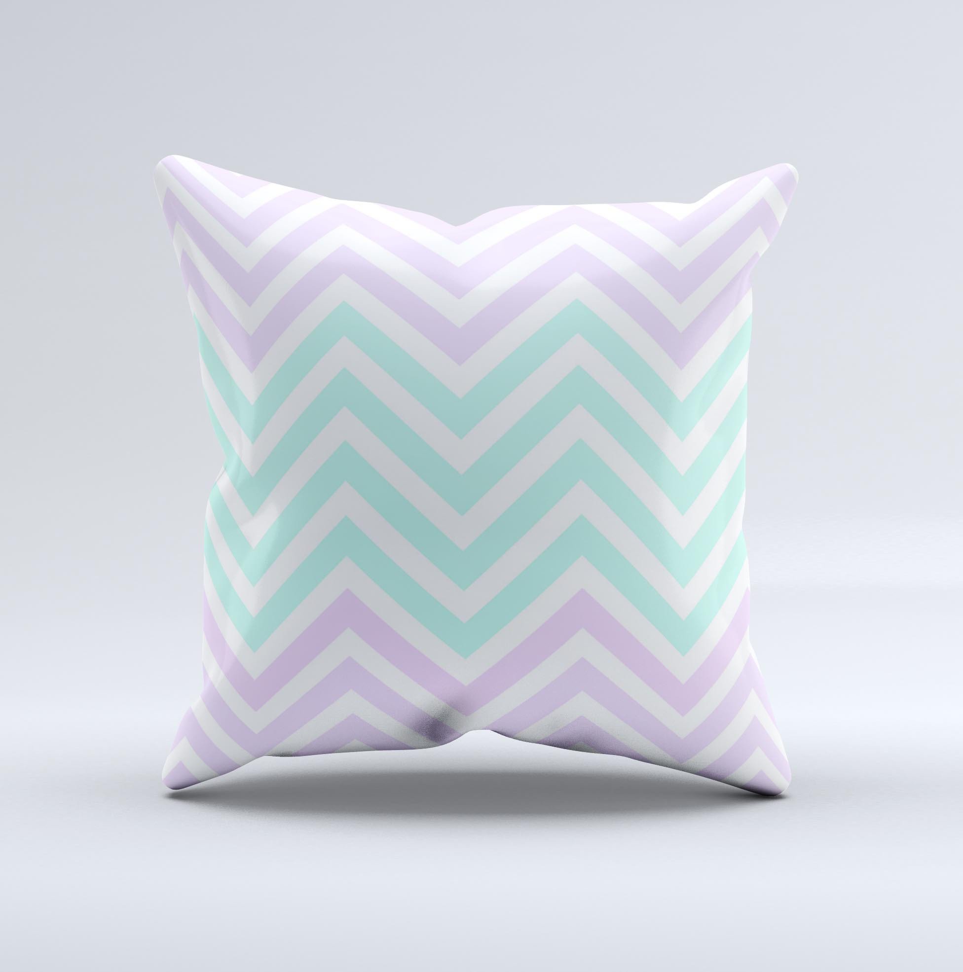 Light teal and purple decorative throw pillow featuring a sharp chevron pattern, handcrafted in Virginia with high-quality materials.