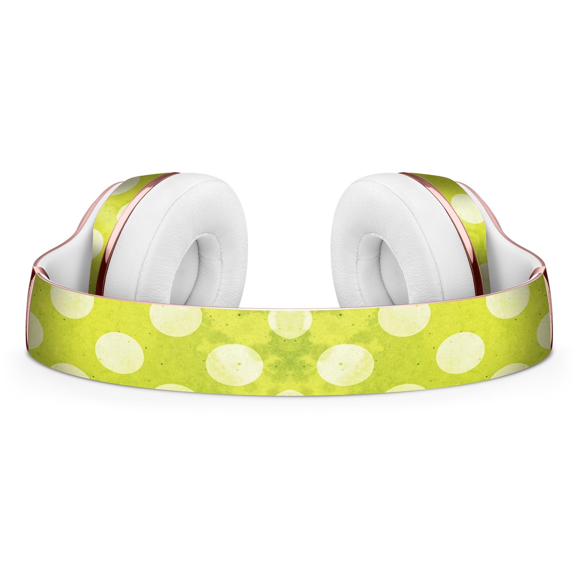 Lime green and white polkadots skin kit for Beats by Dre Solo 3 Wireless headphones, showcasing vibrant design and premium quality.