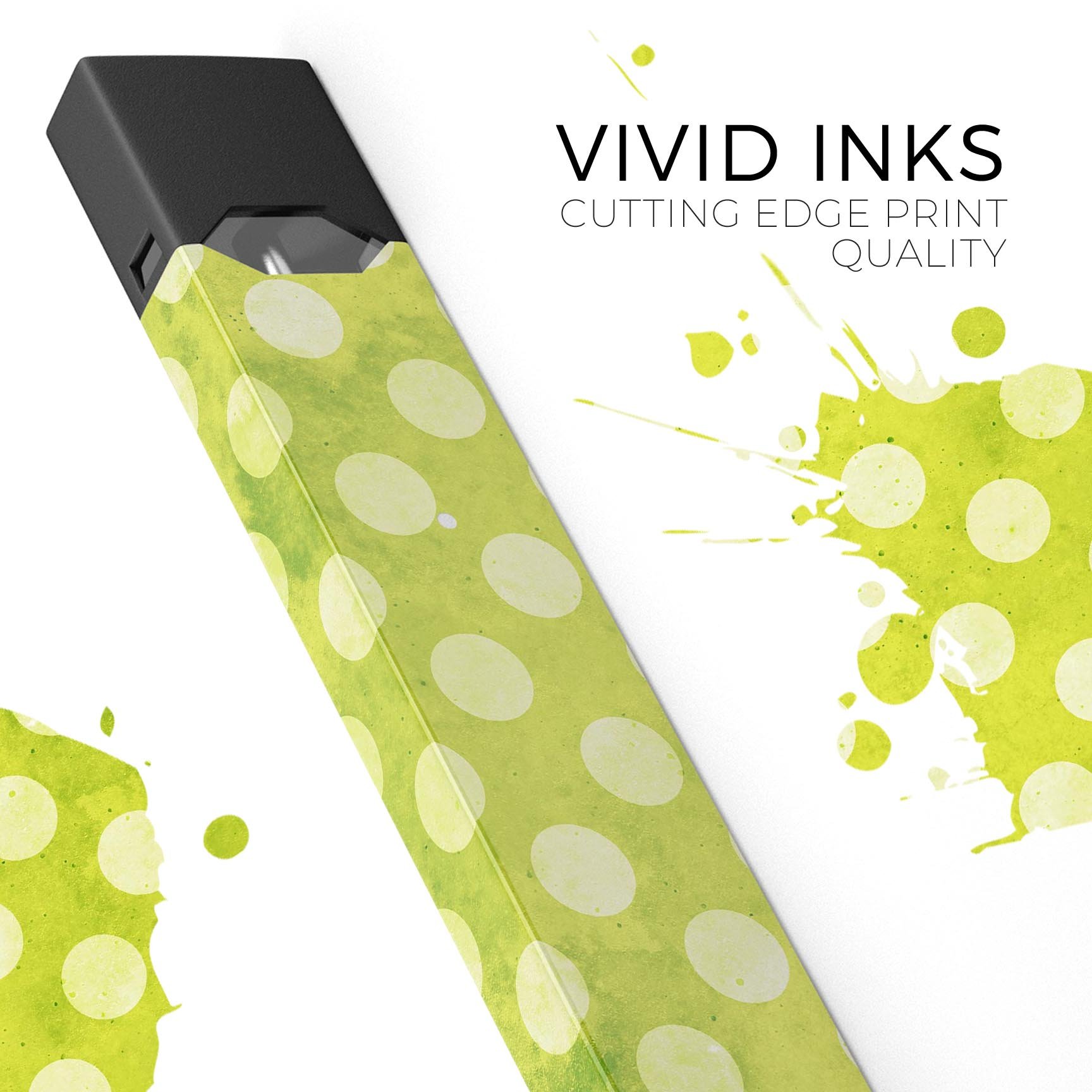 Lime green and white polkadots skin-wrap for JUUL vaping device, showcasing vibrant colors and precise cut for a perfect fit.
