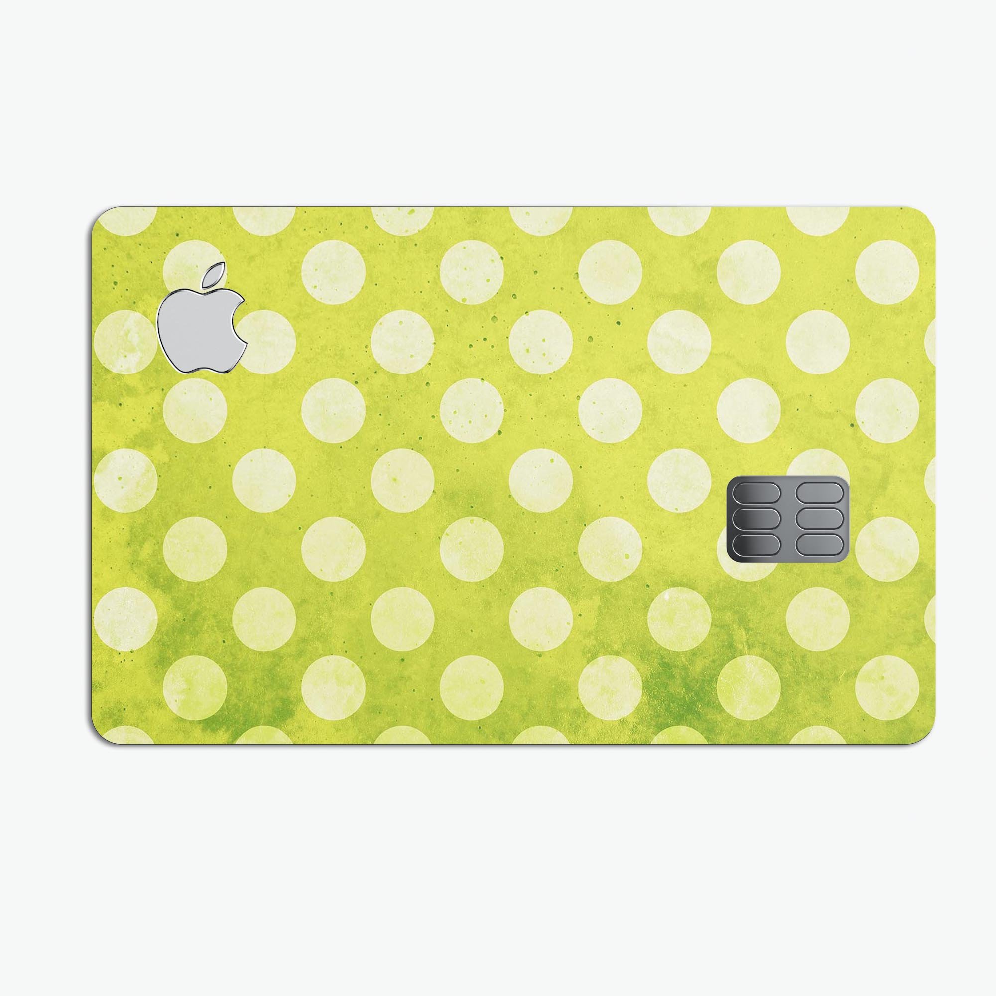 Lime Green and White Polkadots Premium Protective Decal Skin-Kit for Apple Card, showcasing vibrant polka dots on a sleek surface.