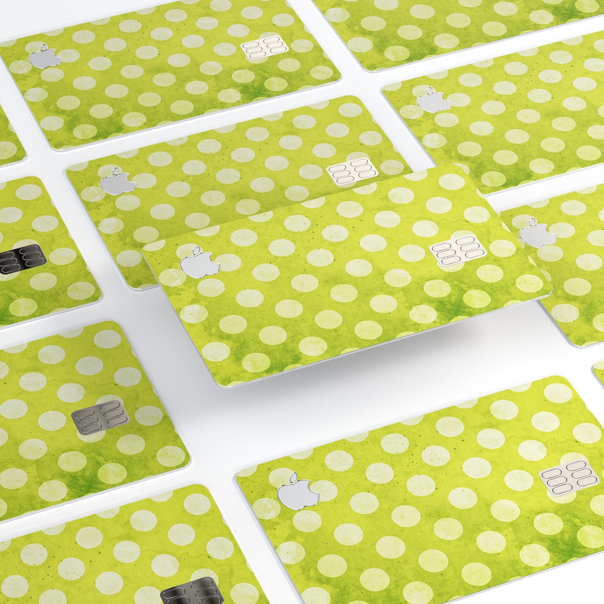 Lime Green and White Polkadots Premium Protective Decal Skin-Kit for Apple Card, showcasing vibrant polka dots on a sleek surface.