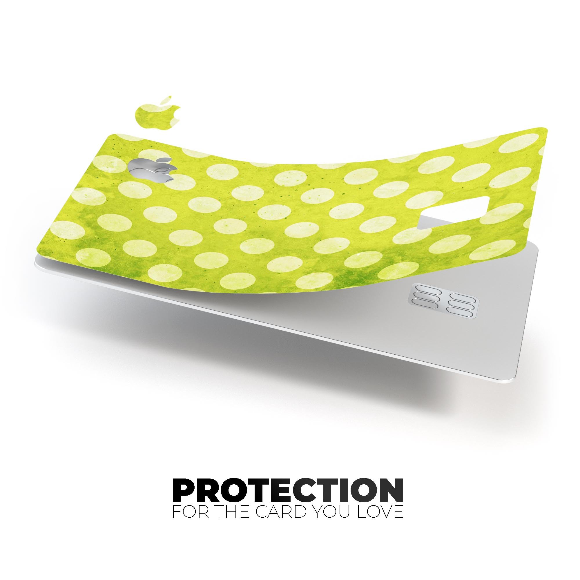 Lime Green and White Polkadots Premium Protective Decal Skin-Kit for Apple Card, showcasing vibrant polka dots on a sleek surface.