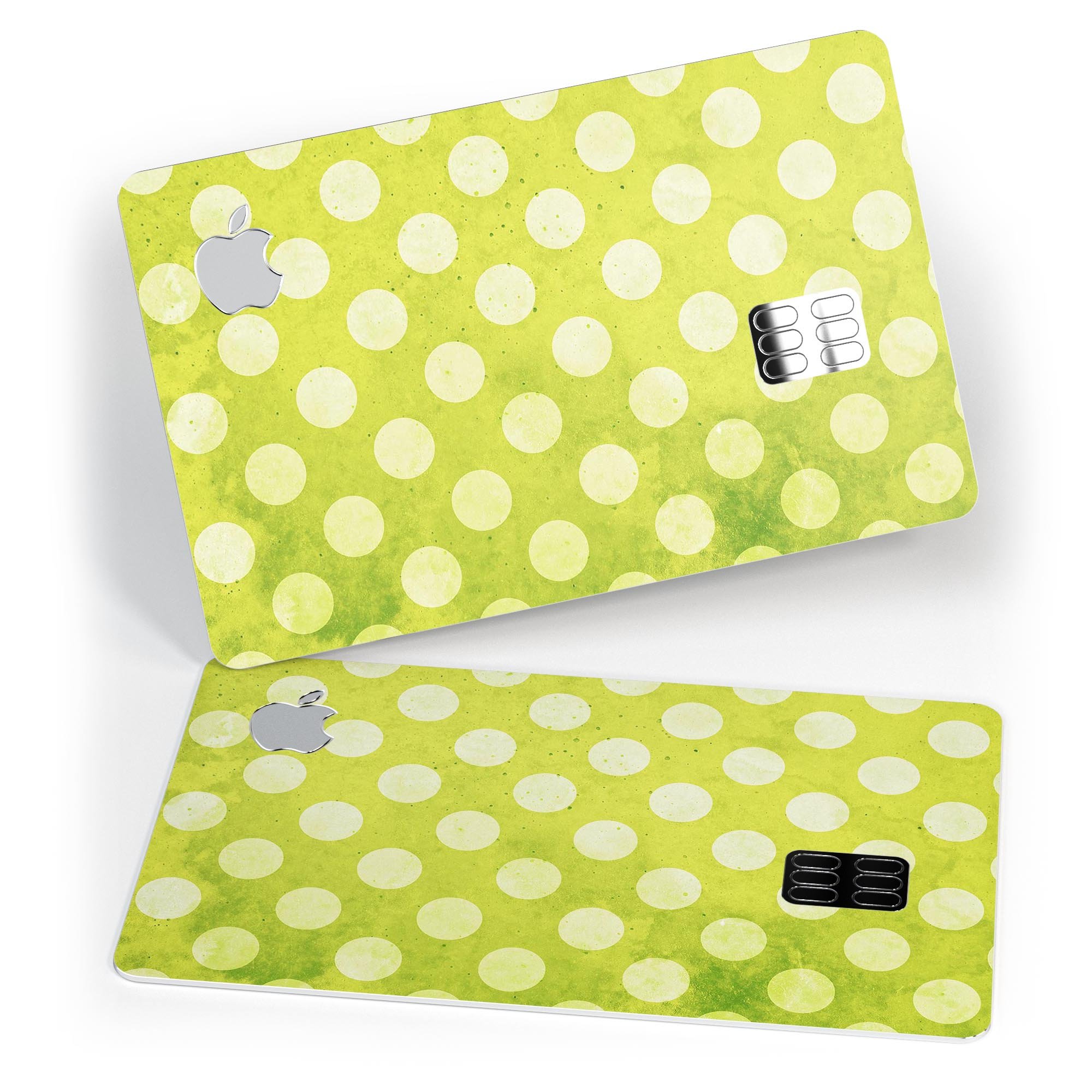 Lime Green and White Polkadots Premium Protective Decal Skin-Kit for Apple Card, showcasing vibrant polka dots on a sleek surface.