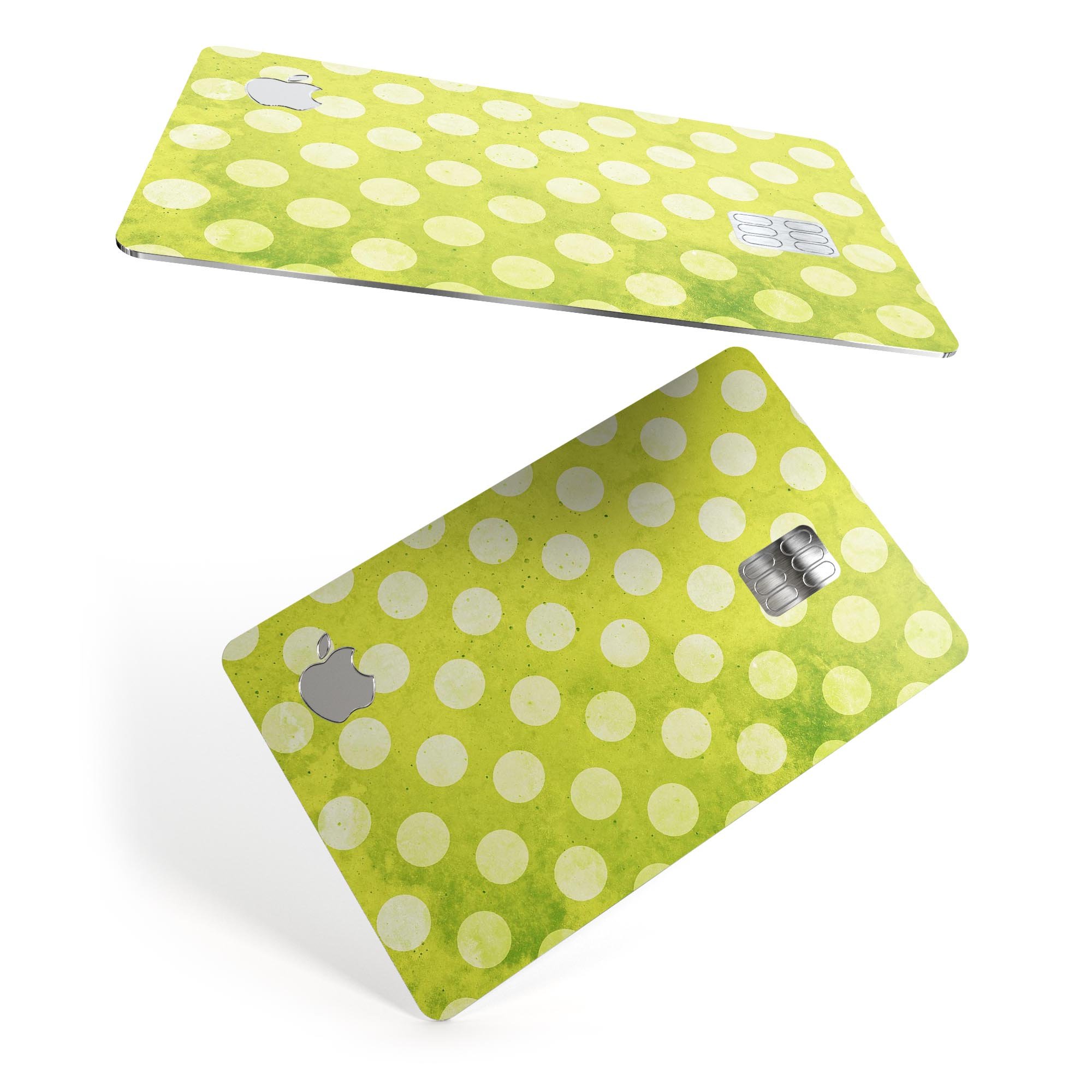 Lime Green and White Polkadots Premium Protective Decal Skin-Kit for Apple Card, showcasing vibrant polka dots on a sleek surface.