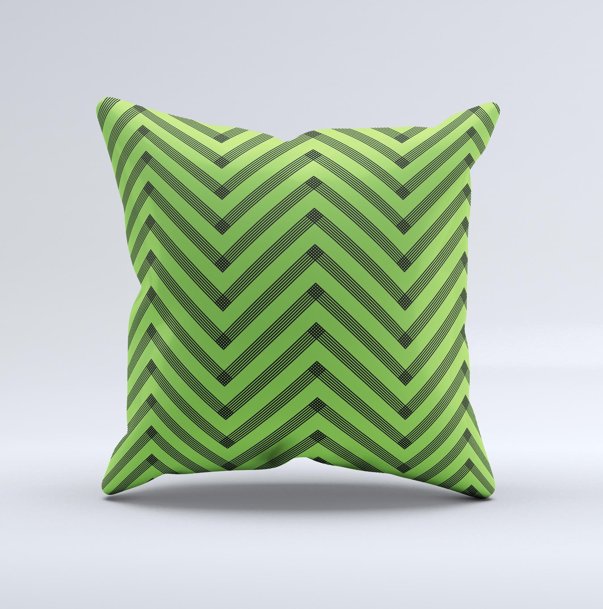 Lime green and black chevron decorative throw pillow with ink-fuzed design, showcasing a unique hand-made quality.