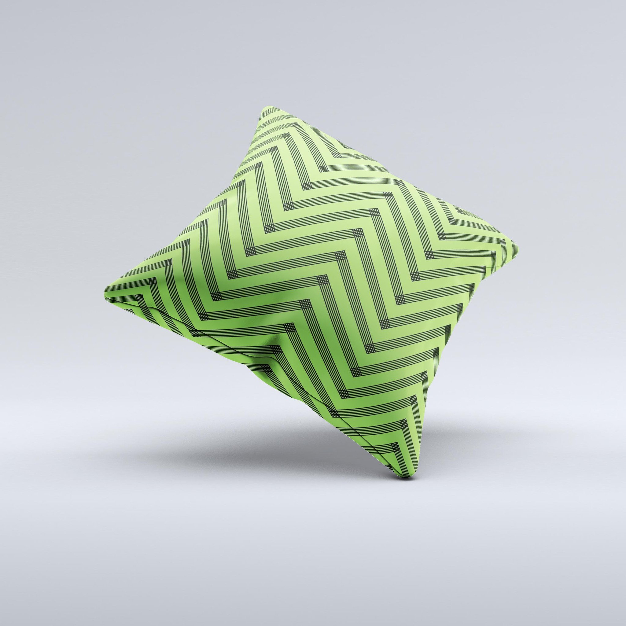 Lime green and black chevron decorative throw pillow with ink-fuzed design, showcasing a unique hand-made quality.