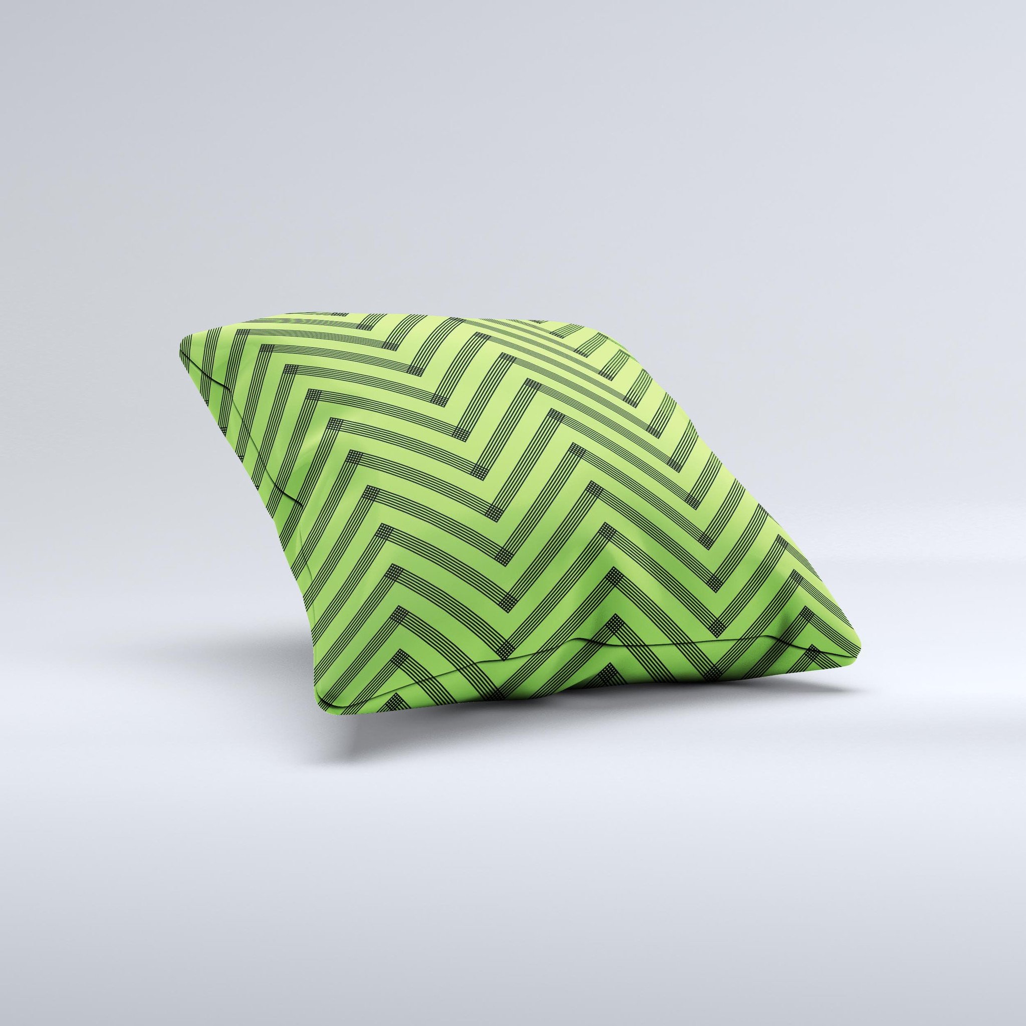Lime green and black chevron decorative throw pillow with ink-fuzed design, showcasing a unique hand-made quality.
