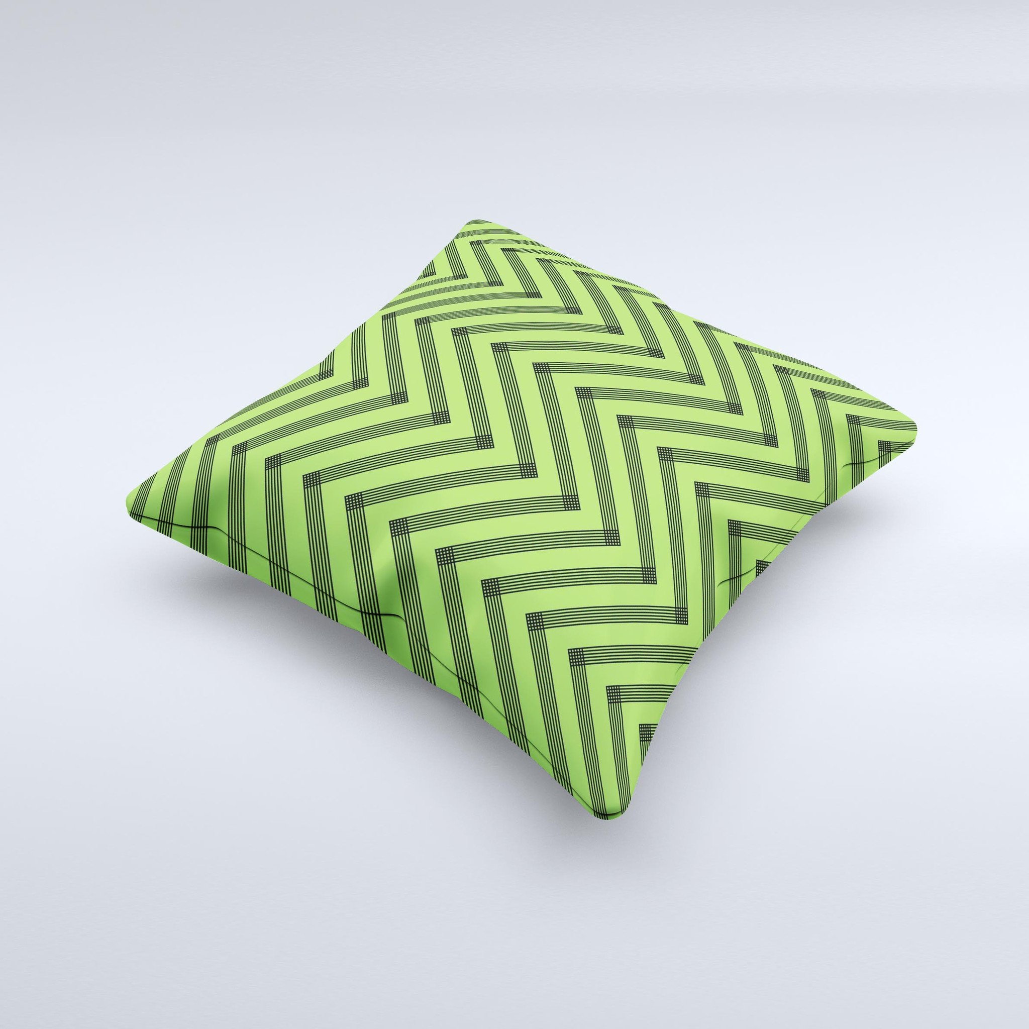 Lime green and black chevron decorative throw pillow with ink-fuzed design, showcasing a unique hand-made quality.