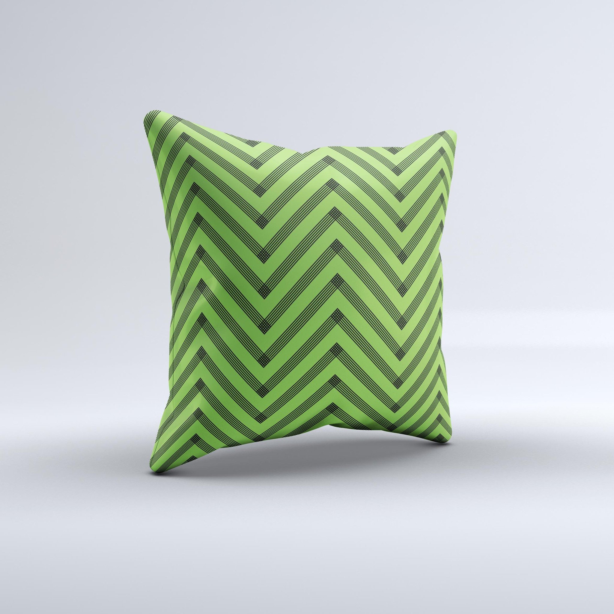 Lime green and black chevron decorative throw pillow with ink-fuzed design, showcasing a unique hand-made quality.