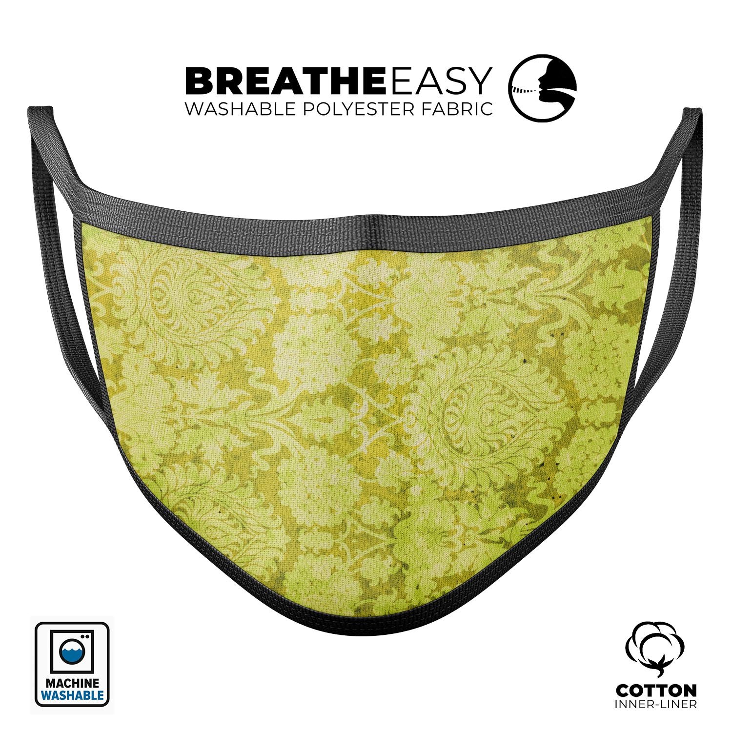 Lime Green Cauliflower Damask Pattern face mask, showcasing vibrant colors and adjustable ear loops for a comfortable fit.