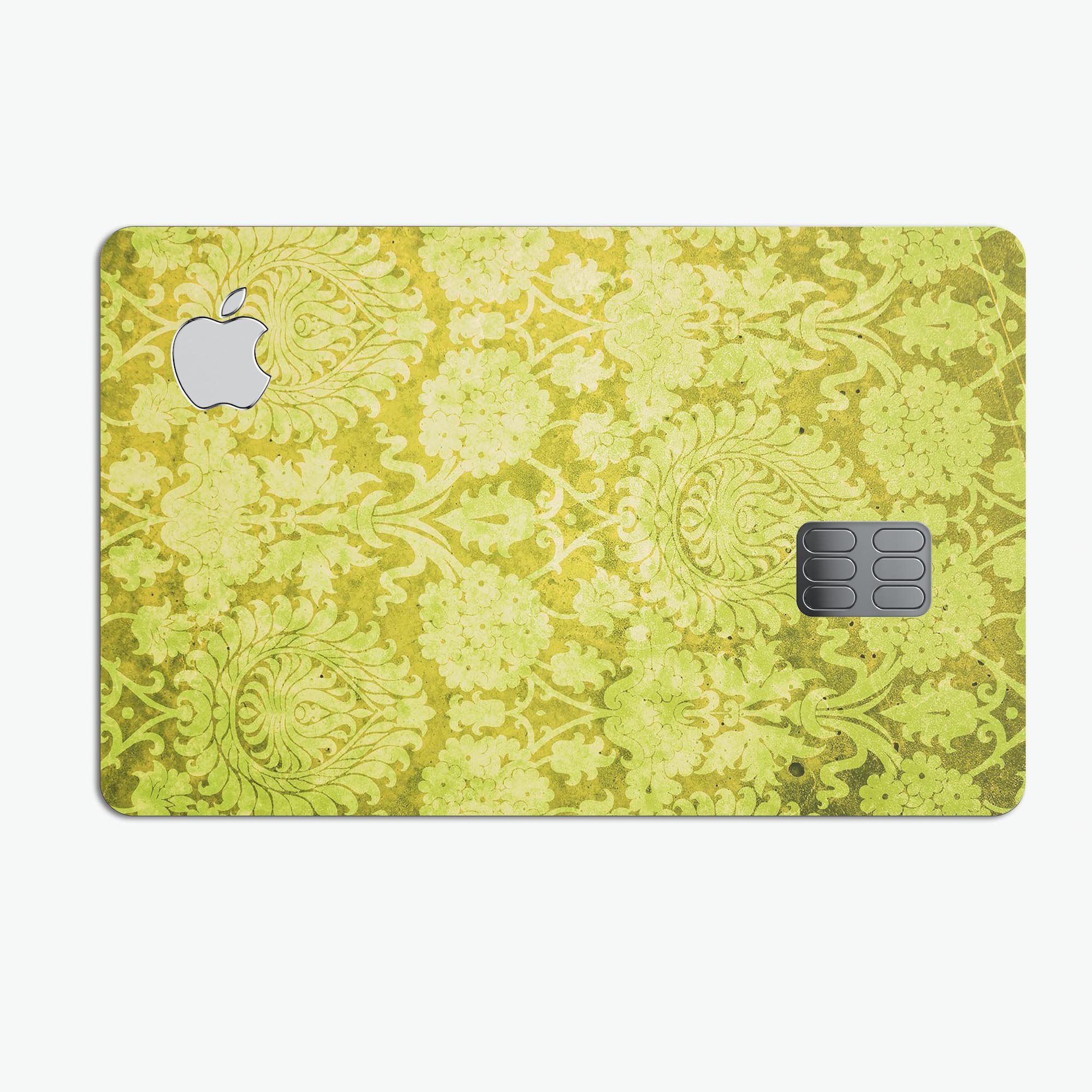 Lime Green Cauliflower Damask Pattern decal on an Apple Card, showcasing its vibrant design and protective features.