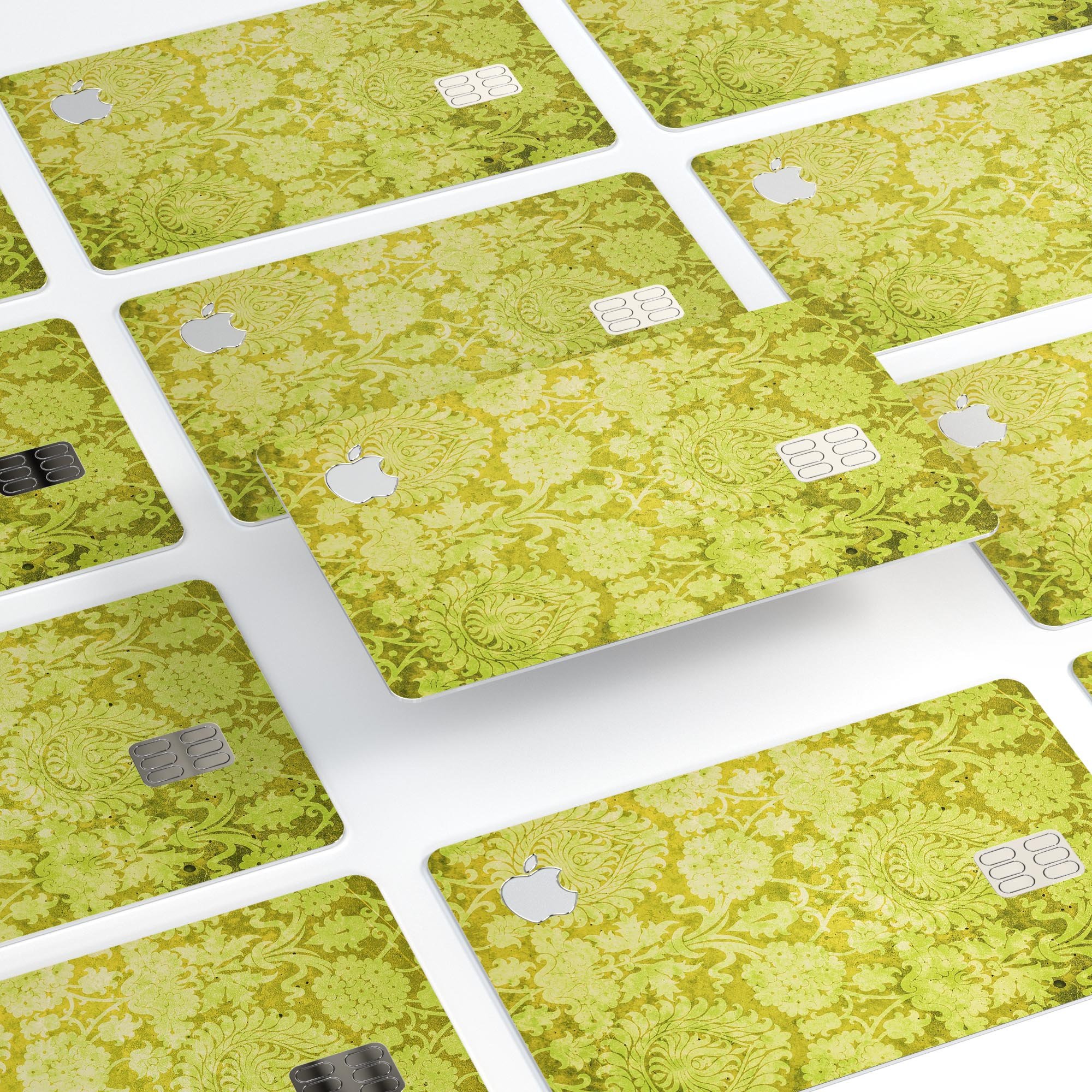 Lime Green Cauliflower Damask Pattern decal on an Apple Card, showcasing its vibrant design and protective features.