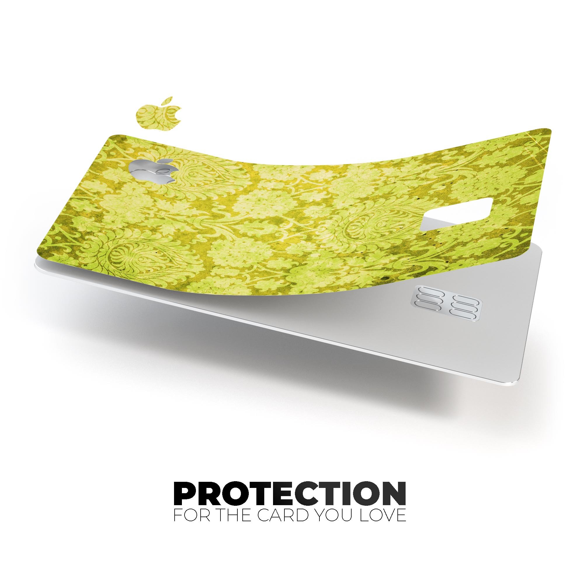 Lime Green Cauliflower Damask Pattern decal on an Apple Card, showcasing its vibrant design and protective features.