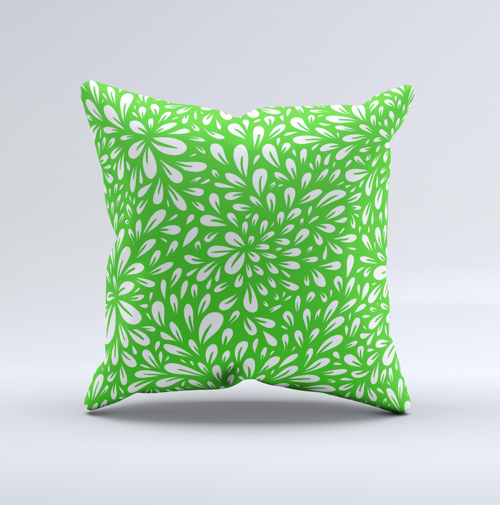 Lime Green & White Floral Sprout Ink-Fuzed Decorative Throw Pillow showcasing a vibrant floral design on a soft fabric.