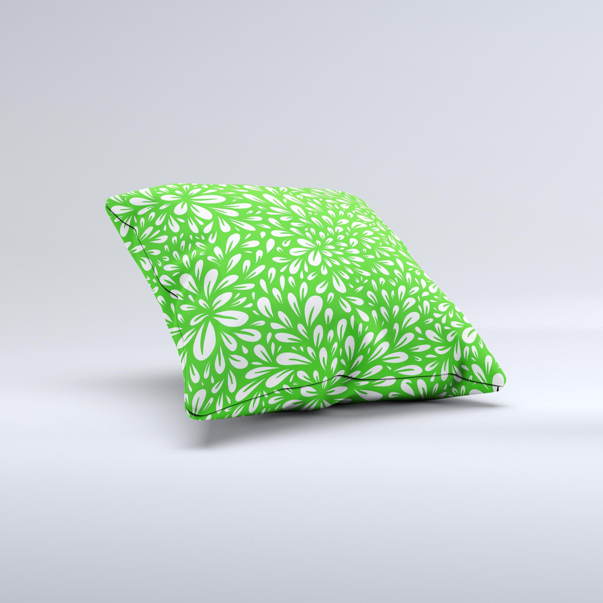Lime Green & White Floral Sprout Ink-Fuzed Decorative Throw Pillow showcasing a vibrant floral design on a soft fabric.