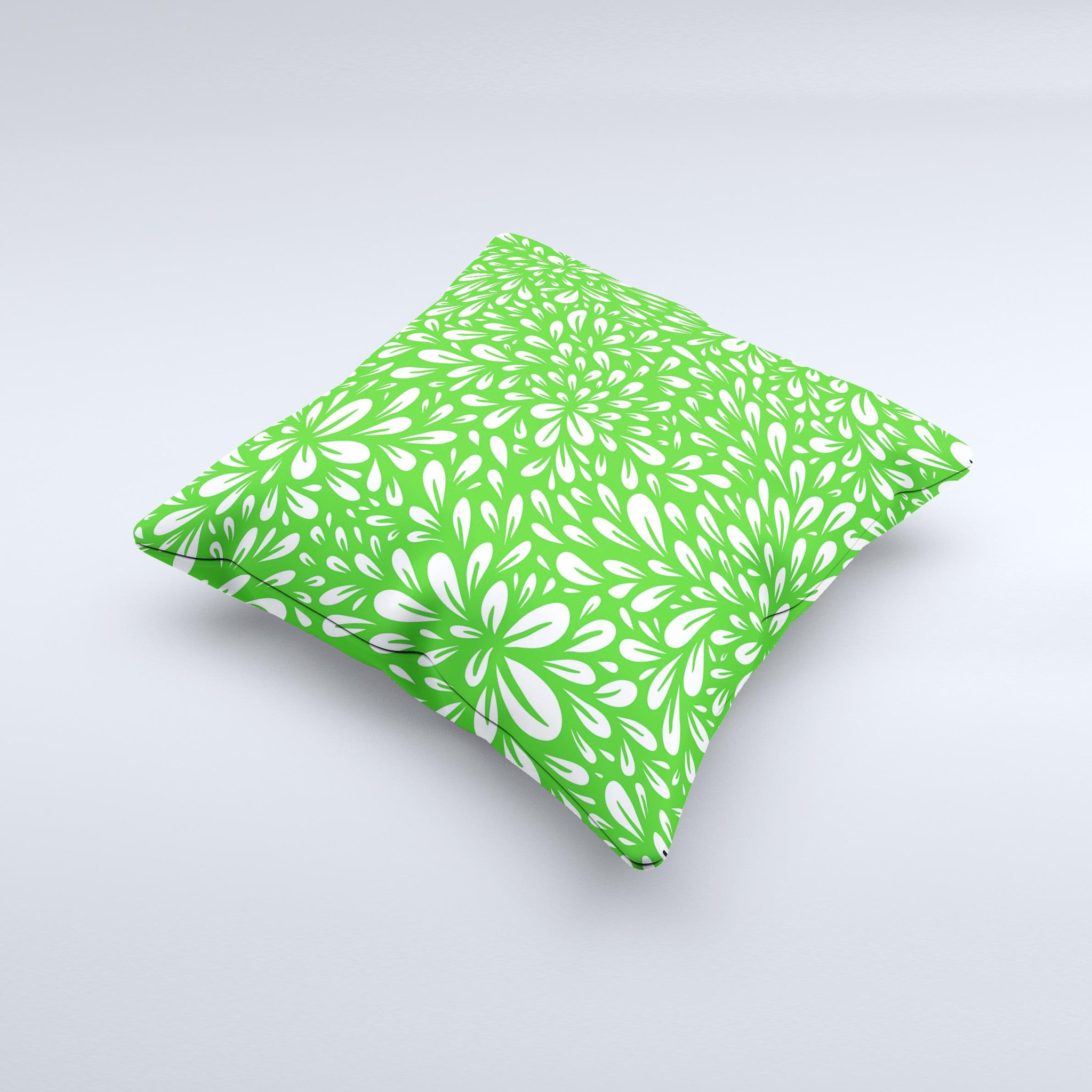 Lime Green & White Floral Sprout Ink-Fuzed Decorative Throw Pillow showcasing a vibrant floral design on a soft fabric.