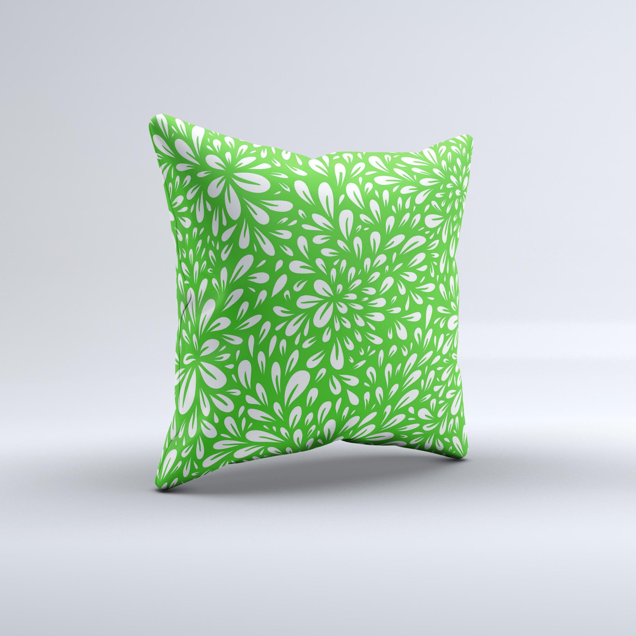 Lime Green & White Floral Sprout Ink-Fuzed Decorative Throw Pillow showcasing a vibrant floral design on a soft fabric.