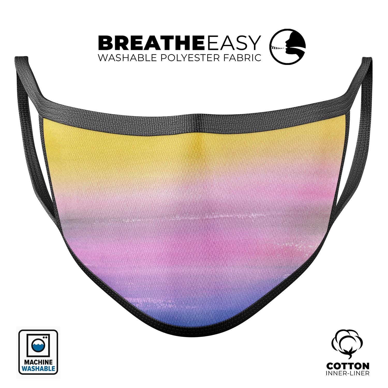 Lined 443 Absorbed Watercolor Texture unisex mouth cover, showcasing a vibrant watercolor design with adjustable ear loops.